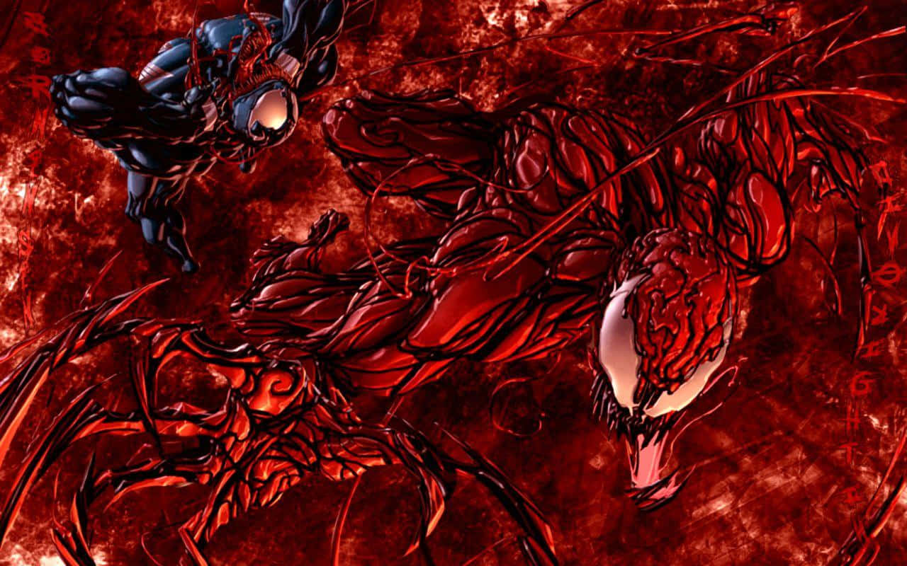 Cool Venom, Carnage, red-hued battle scene, HD Desktop Wallpaper