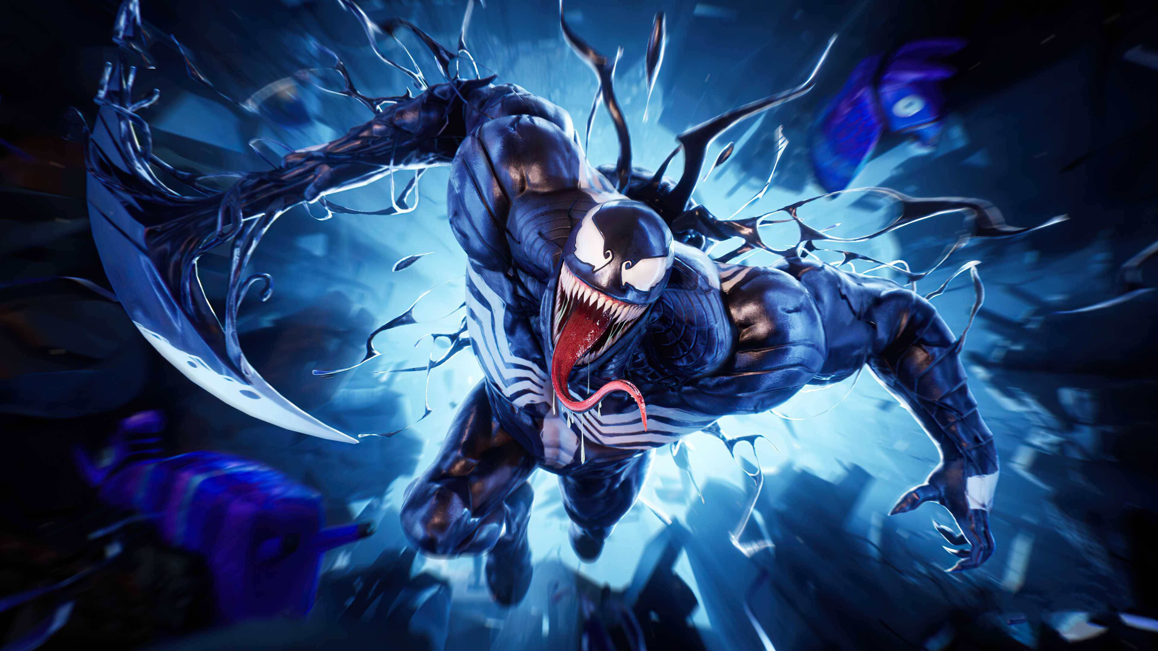 Venom, scythes hand, glowing blue energy, 4K Desktop Wallpaper
