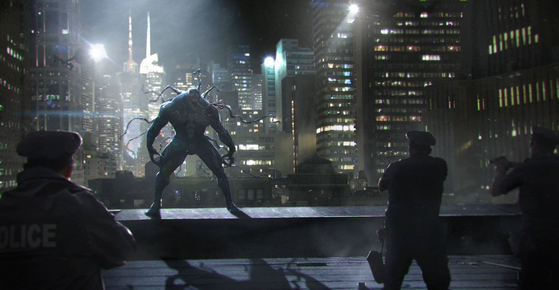 Venom, police officers, rooftop, Full HD Desktop Wallpaper