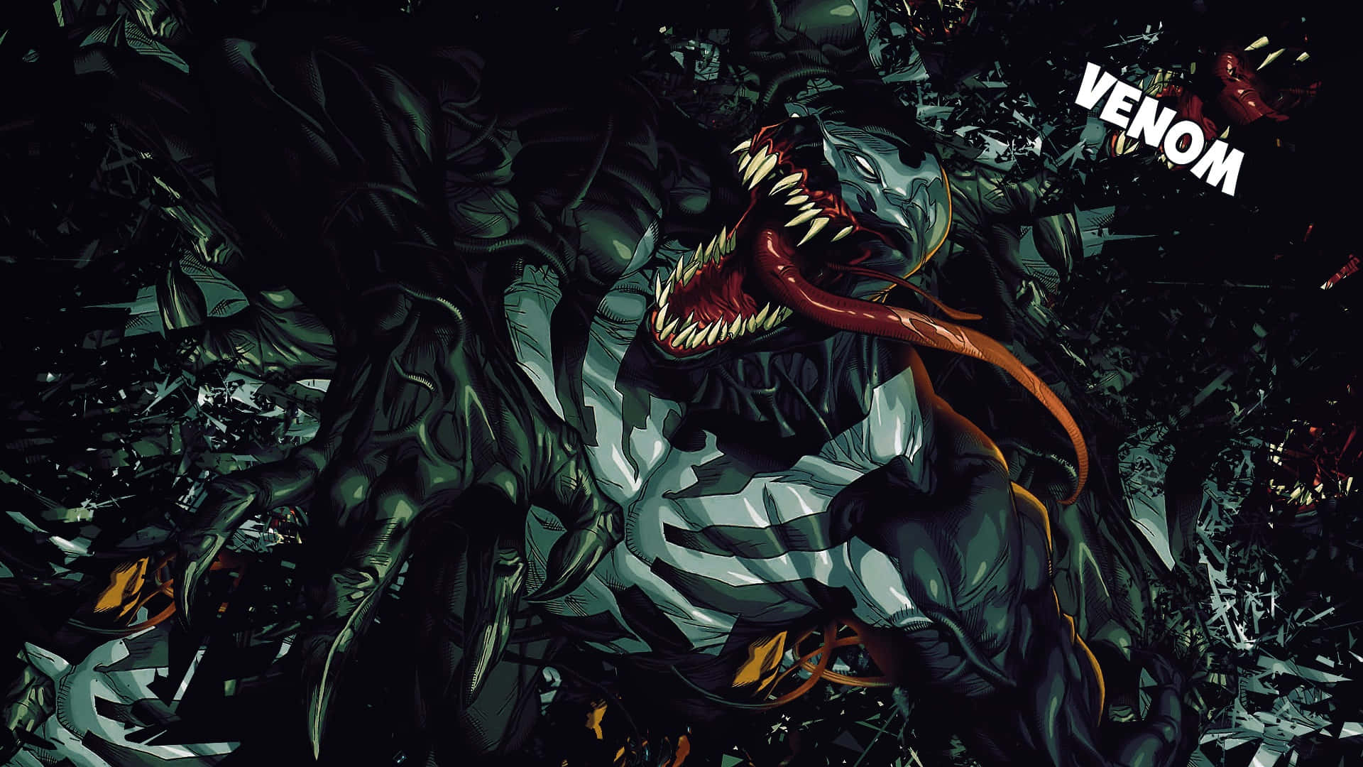 Venom, glowing red tongue, shattered debris, Full HD Desktop Wallpaper