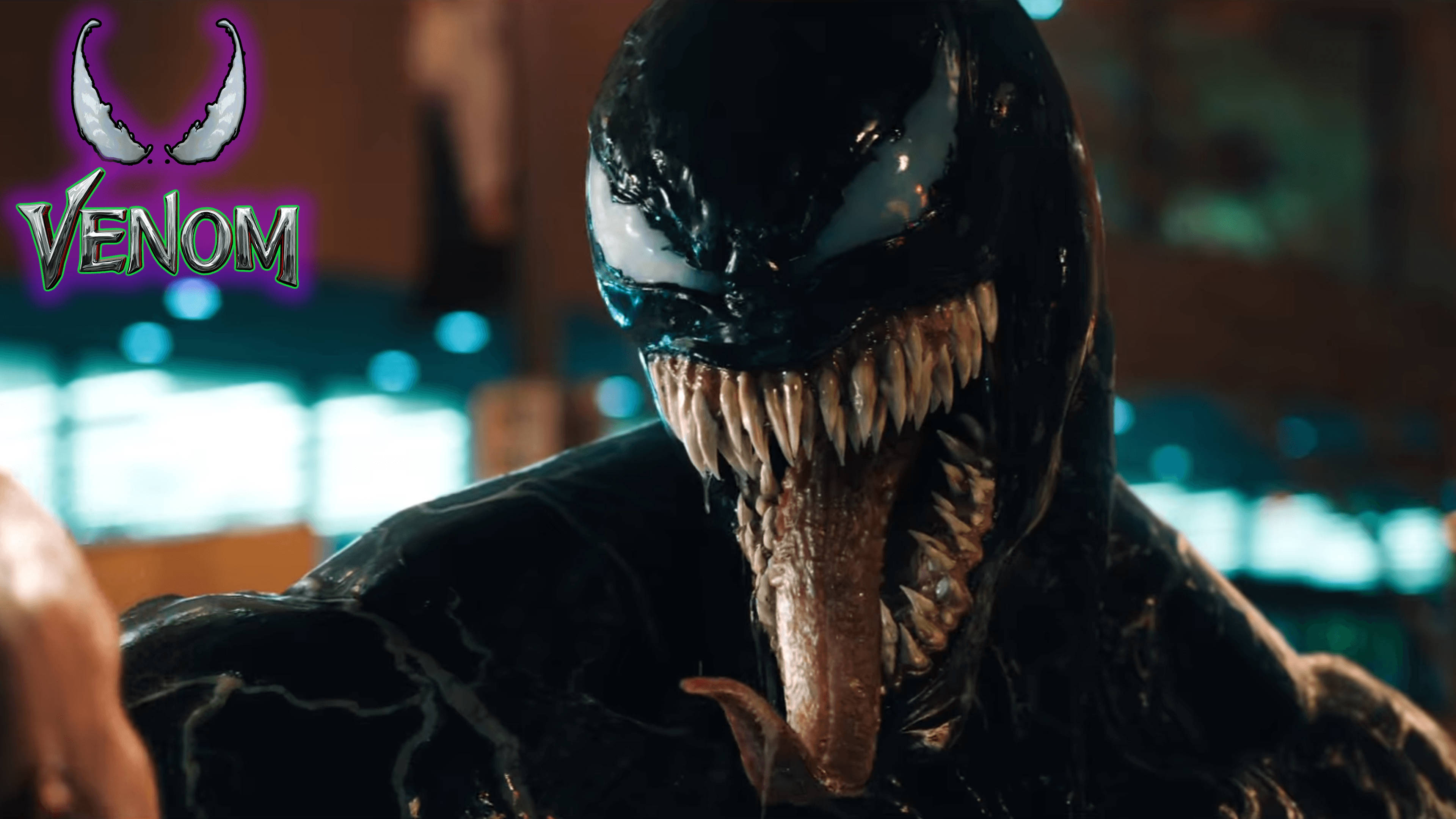 Venom, glowing white eyes, sharp teeth, 4K Desktop Wallpaper