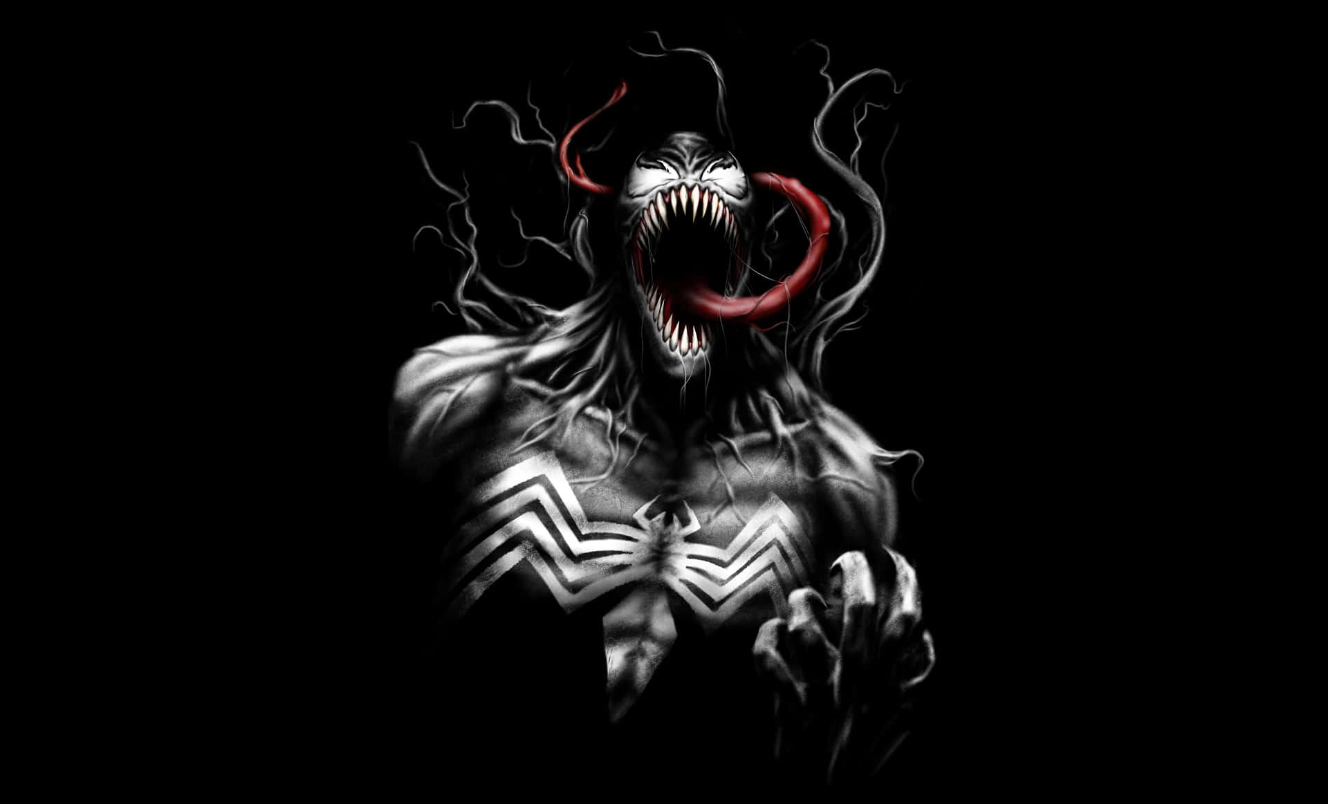 Venom, glowing red tongue, sharp teeth, Full HD Desktop Wallpaper