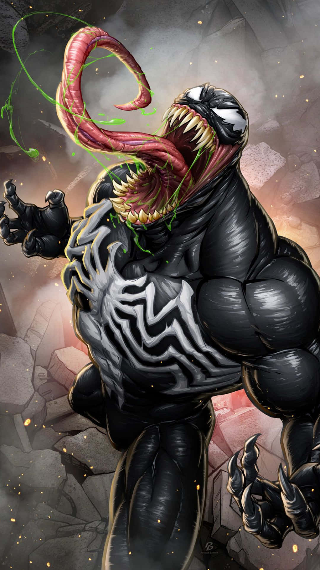 Venom, tongue lashing out, shattered concrete, Full HD Phone Wallpaper