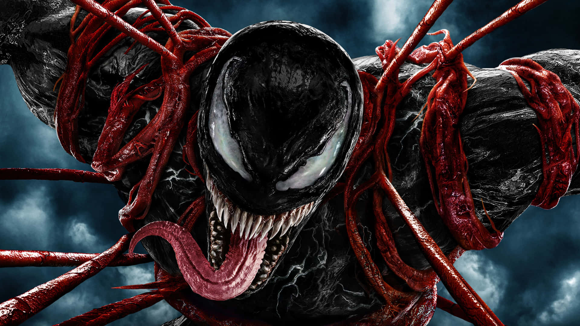 Venom, red symbiote tendrils, stormy dark blue sky, Full HD Desktop Wallpaper