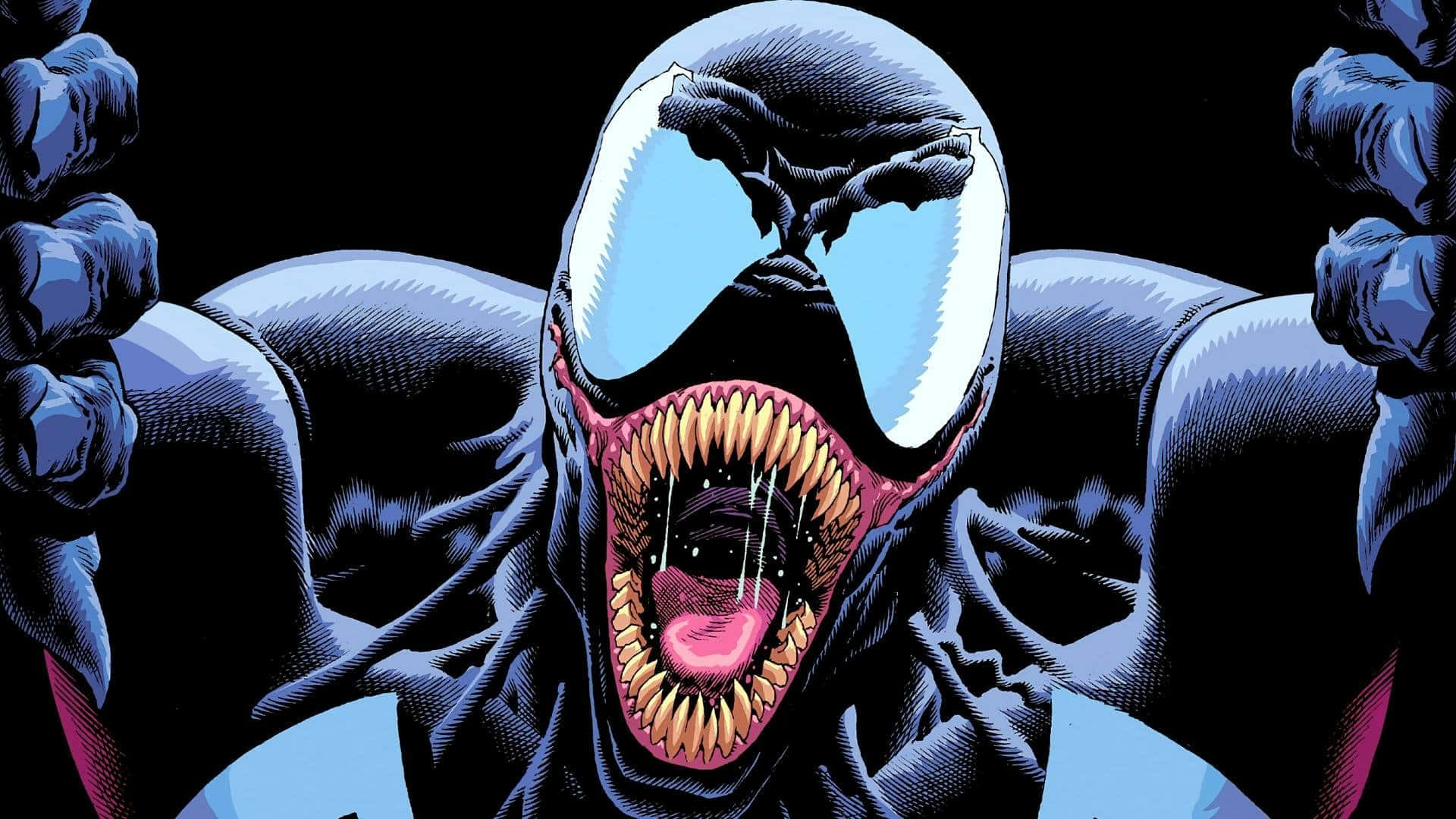 Venom, glowing white eyes, sharp teeth, Full HD Desktop Wallpaper