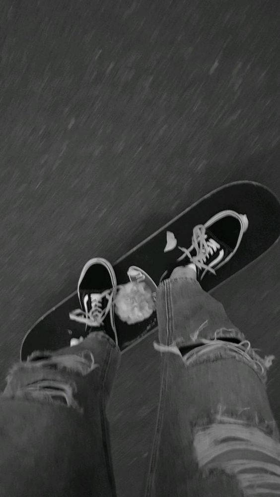 Monochrome Cool Vibes, skateboard, rainy street, SD Phone Wallpaper