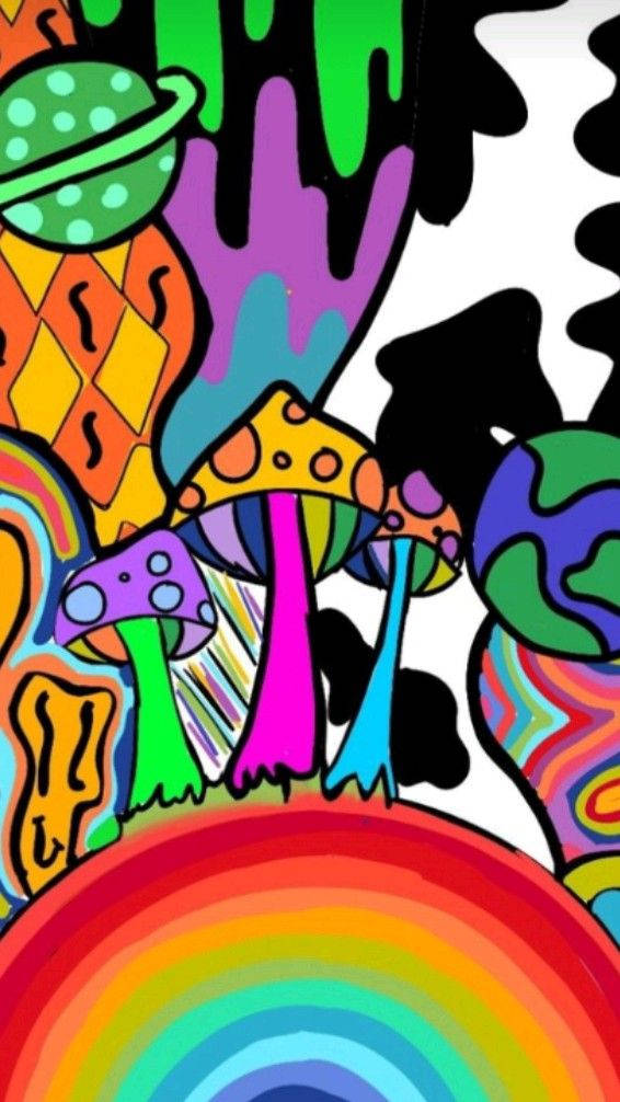 Cool Vibes, psychedelic mushrooms, planets, SD Phone Wallpaper