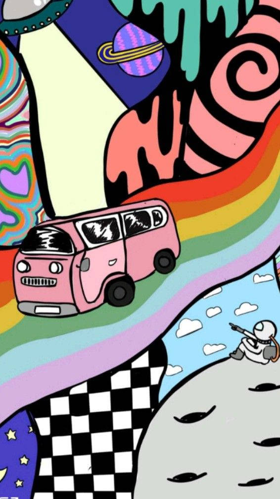 Cool Vibes, pink van, rainbow road, SD Phone Wallpaper