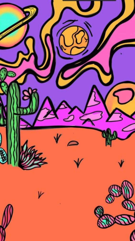 Desert Cool Vibes, cartoon desert, cacti, SD Phone Wallpaper