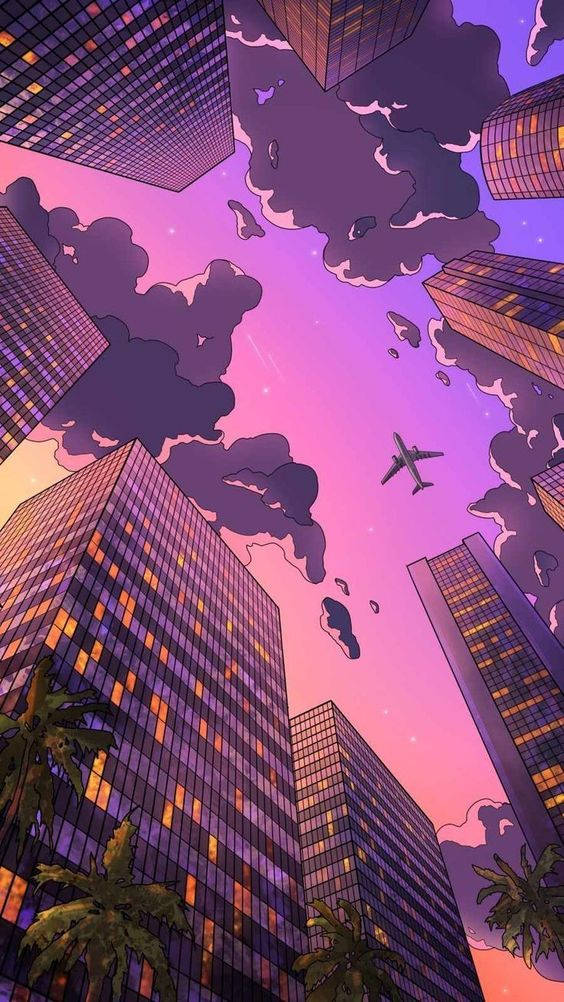 Pastel Cool Vibes, pink and purple sunset sky, towering skyscrapers, SD Phone Wallpaper