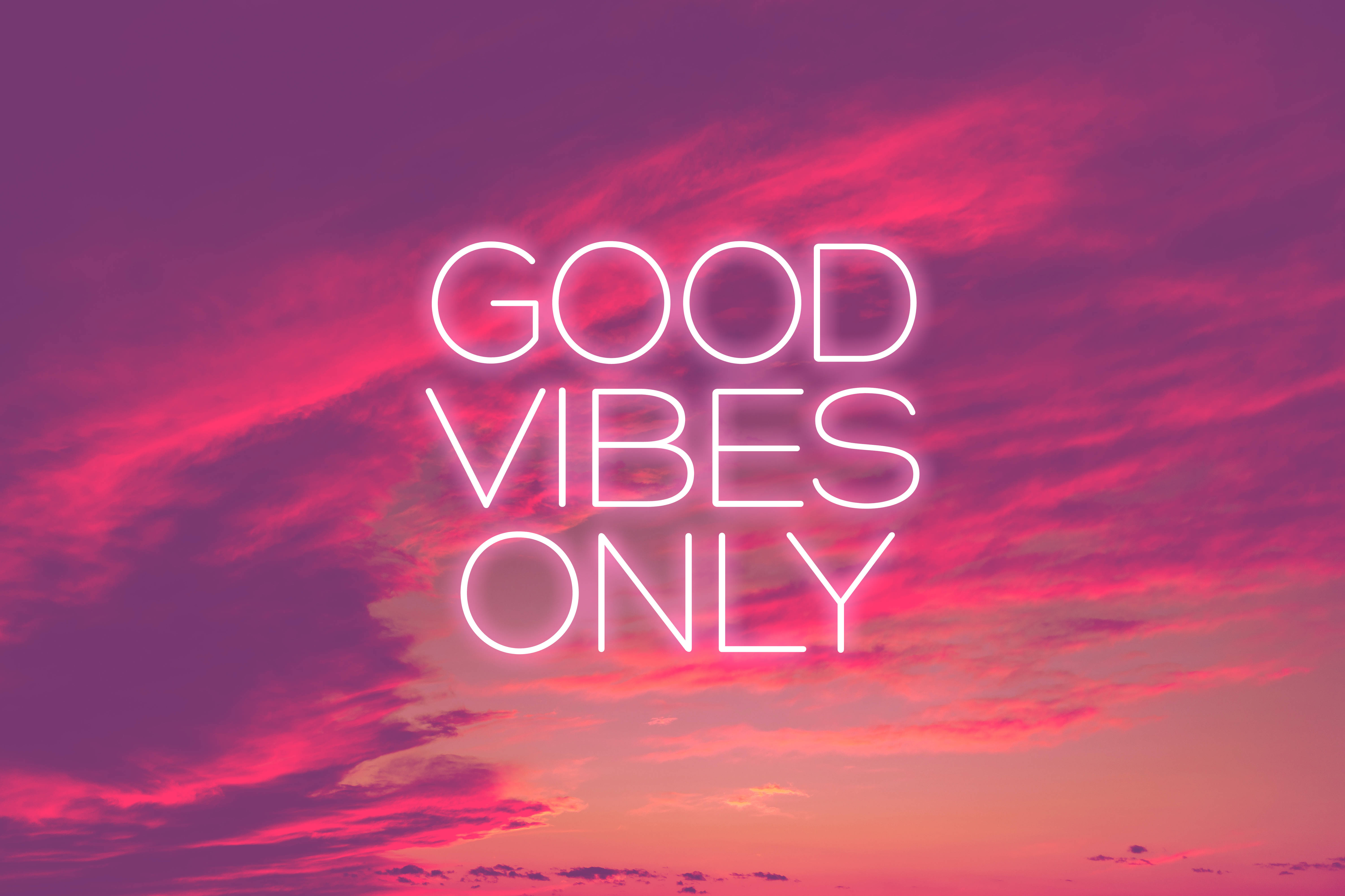good vibes only, vibrant pink and purple sunset sky, wispy clouds, 5K Desktop Wallpaper
