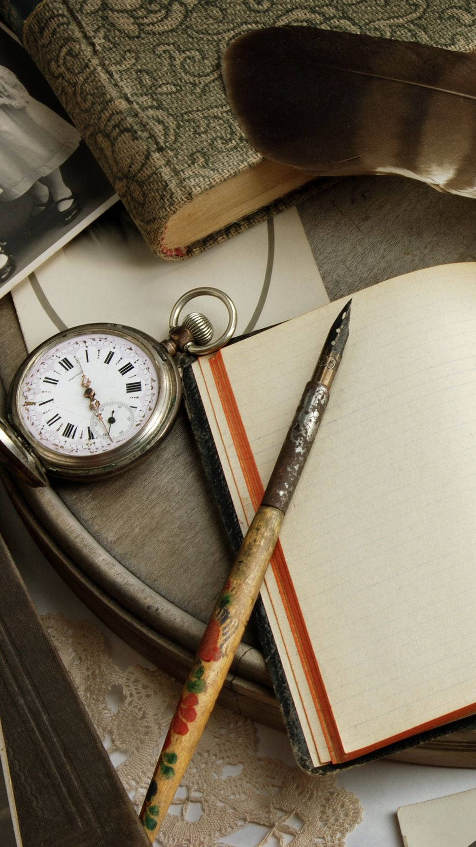 vintage pocket watch, ornate fountain pen, open notebook, HD Phone Wallpaper