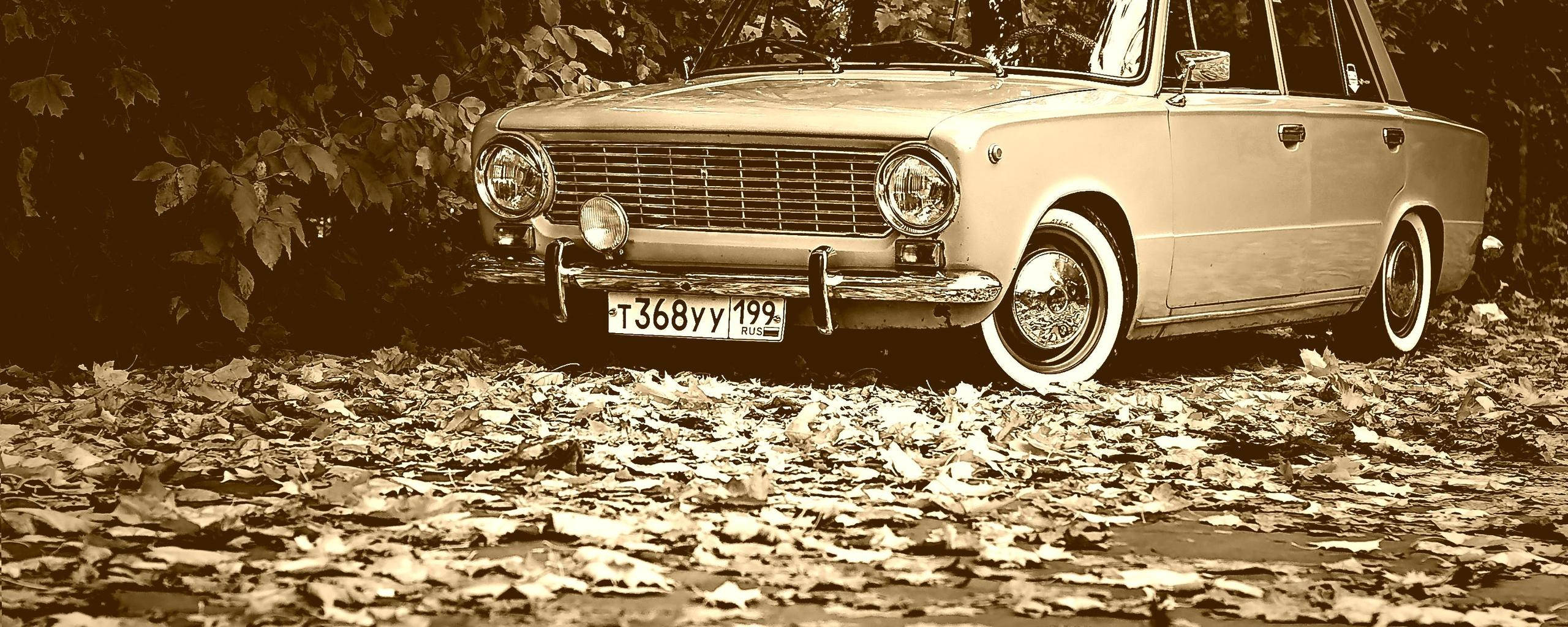 vintage beige sedan, white wall tires, carpet of fallen leaves, 2K Desktop Wallpaper