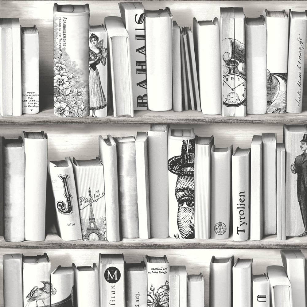 Black and white vintage bookshelf, ornate spines, illustrations of women clocks men, SD Desktop Wallpaper