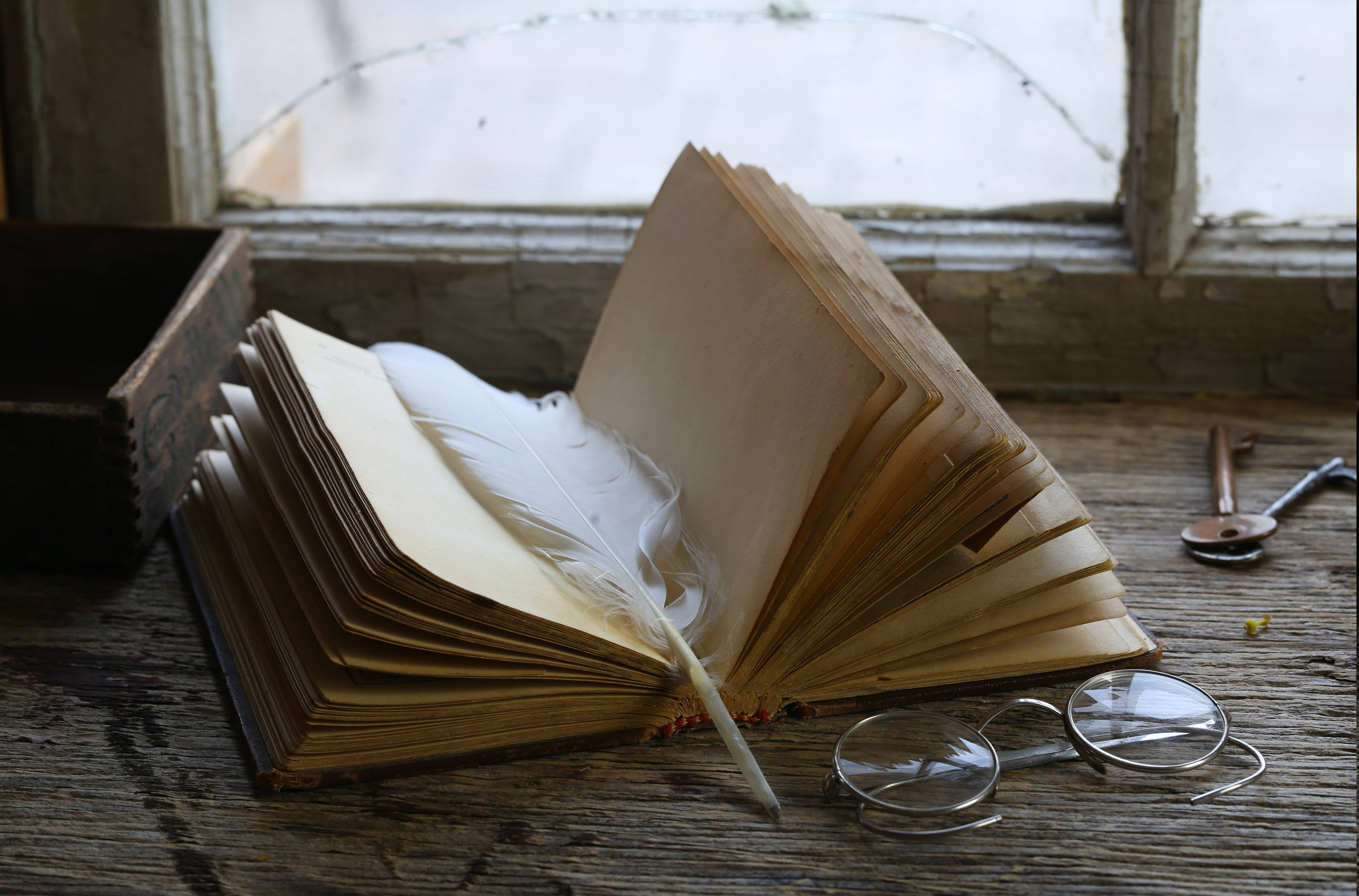 Cool Vintage, old open book, white feather, 5K Desktop Wallpaper