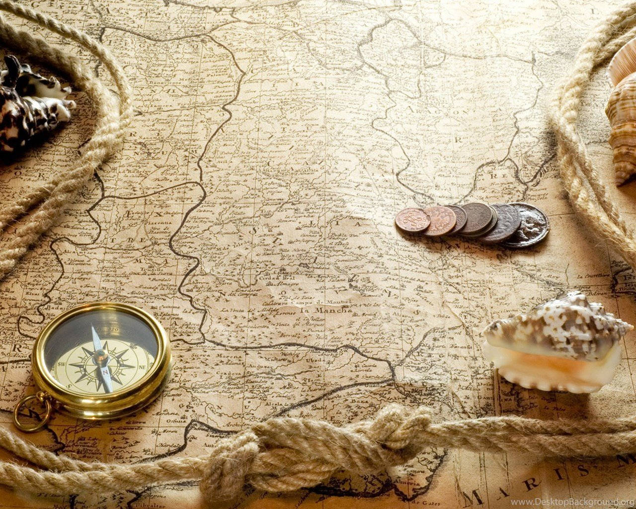 Vintage map, rope coins, shells, HD Desktop Wallpaper
