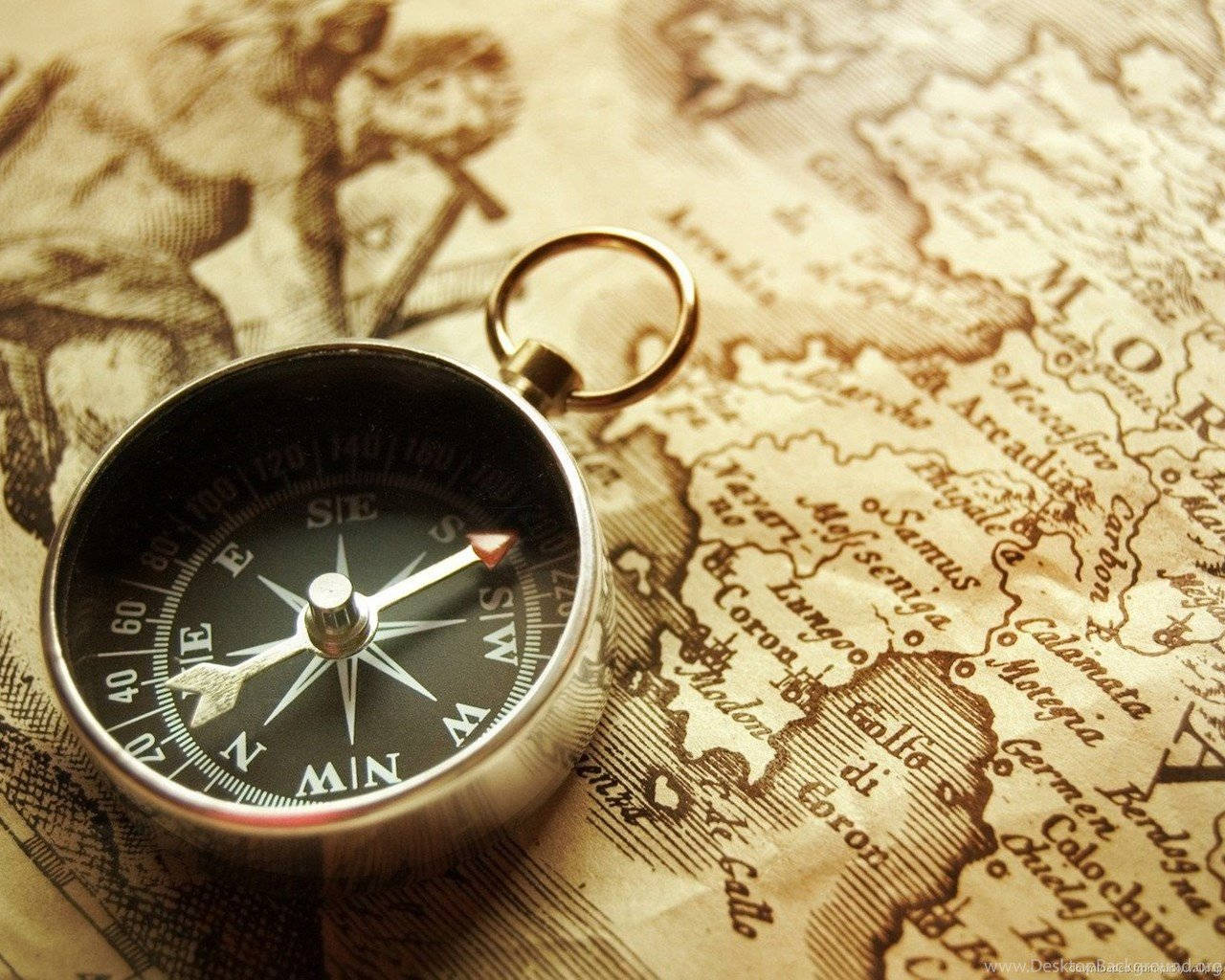 vintage brass compass, antique map, faded sepia tones, HD Desktop Wallpaper