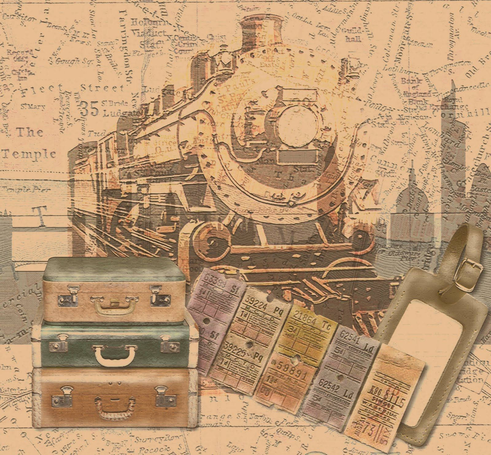 Vintage steam train, sepia-toned map, stacked suitcases, HD Desktop Wallpaper