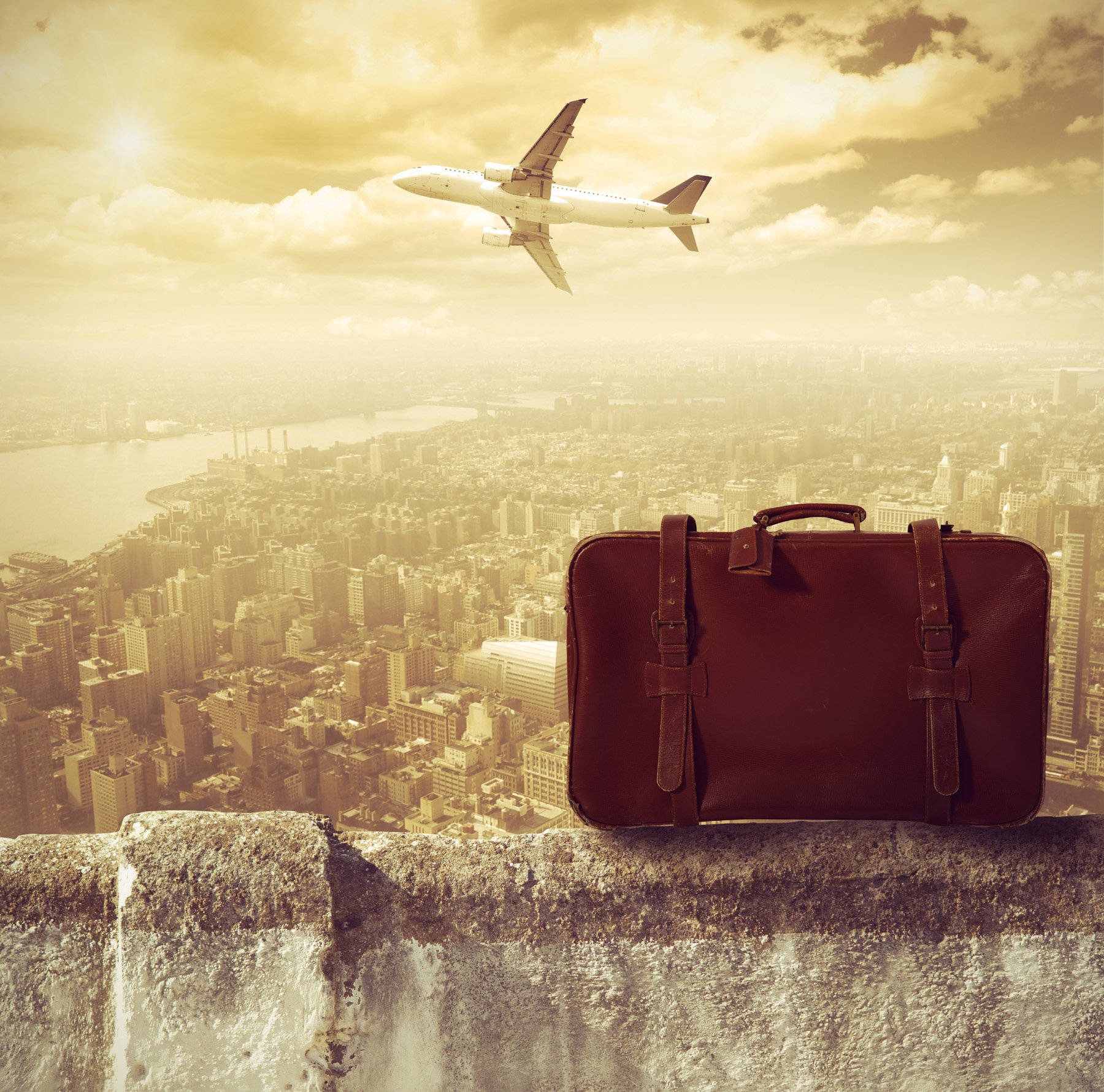 vintage leather suitcase, stone ledge, cityscape, HD Desktop Wallpaper