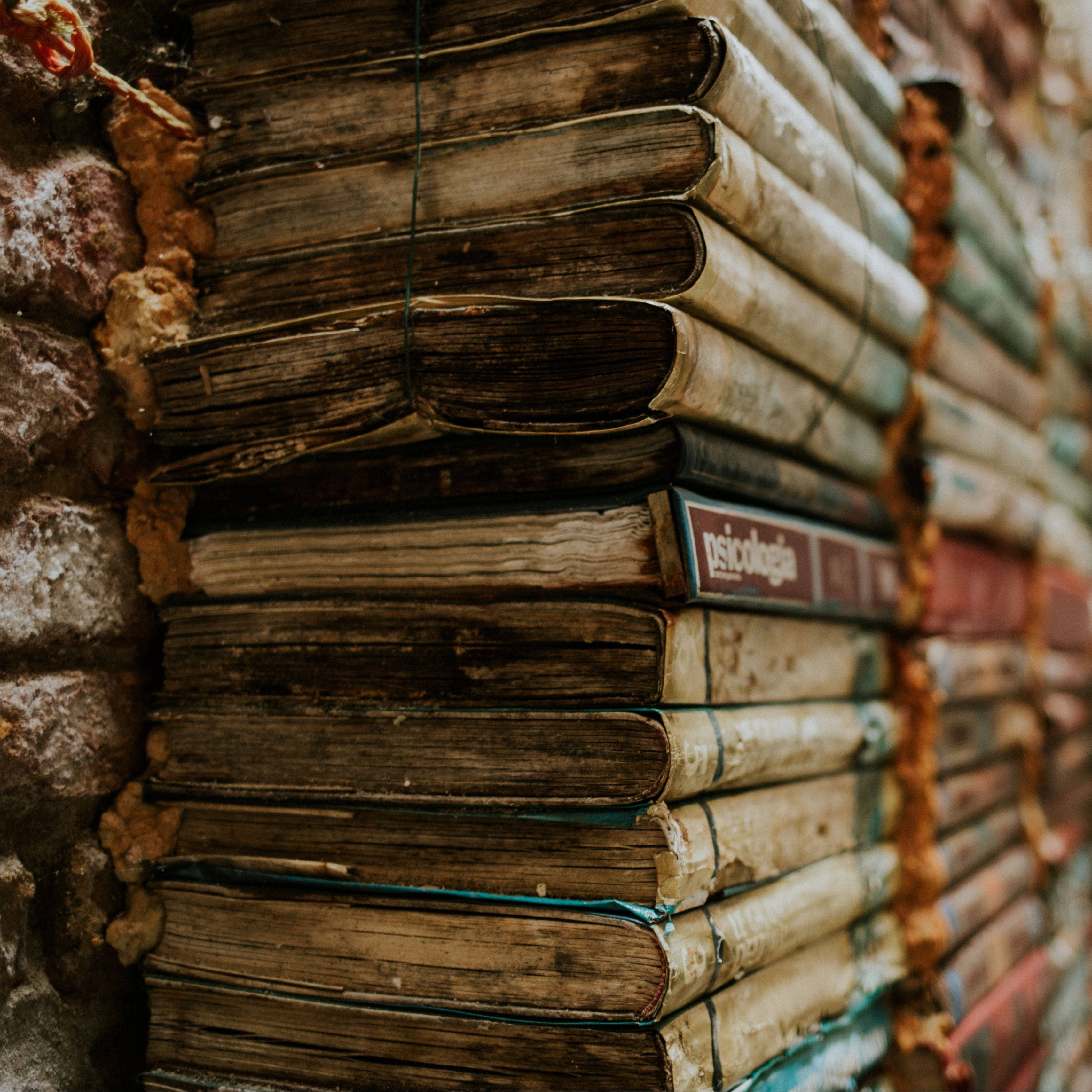 vintage books, twine, crumbling brick wall, 2K Desktop Wallpaper