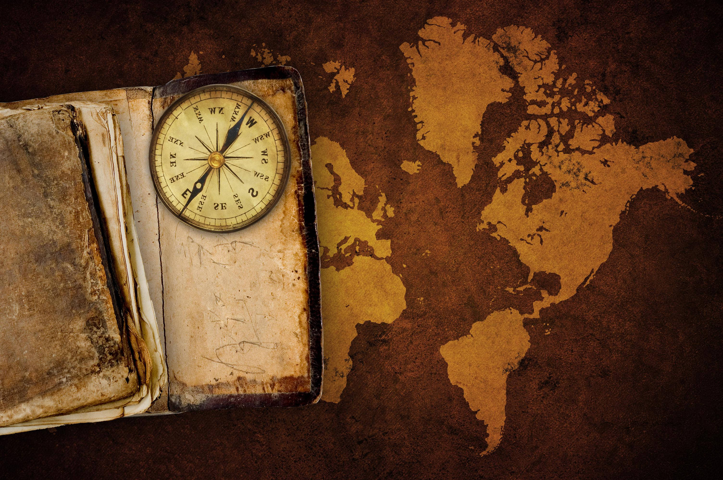vintage compass, worn journal, faded world map, 2K Desktop Wallpaper
