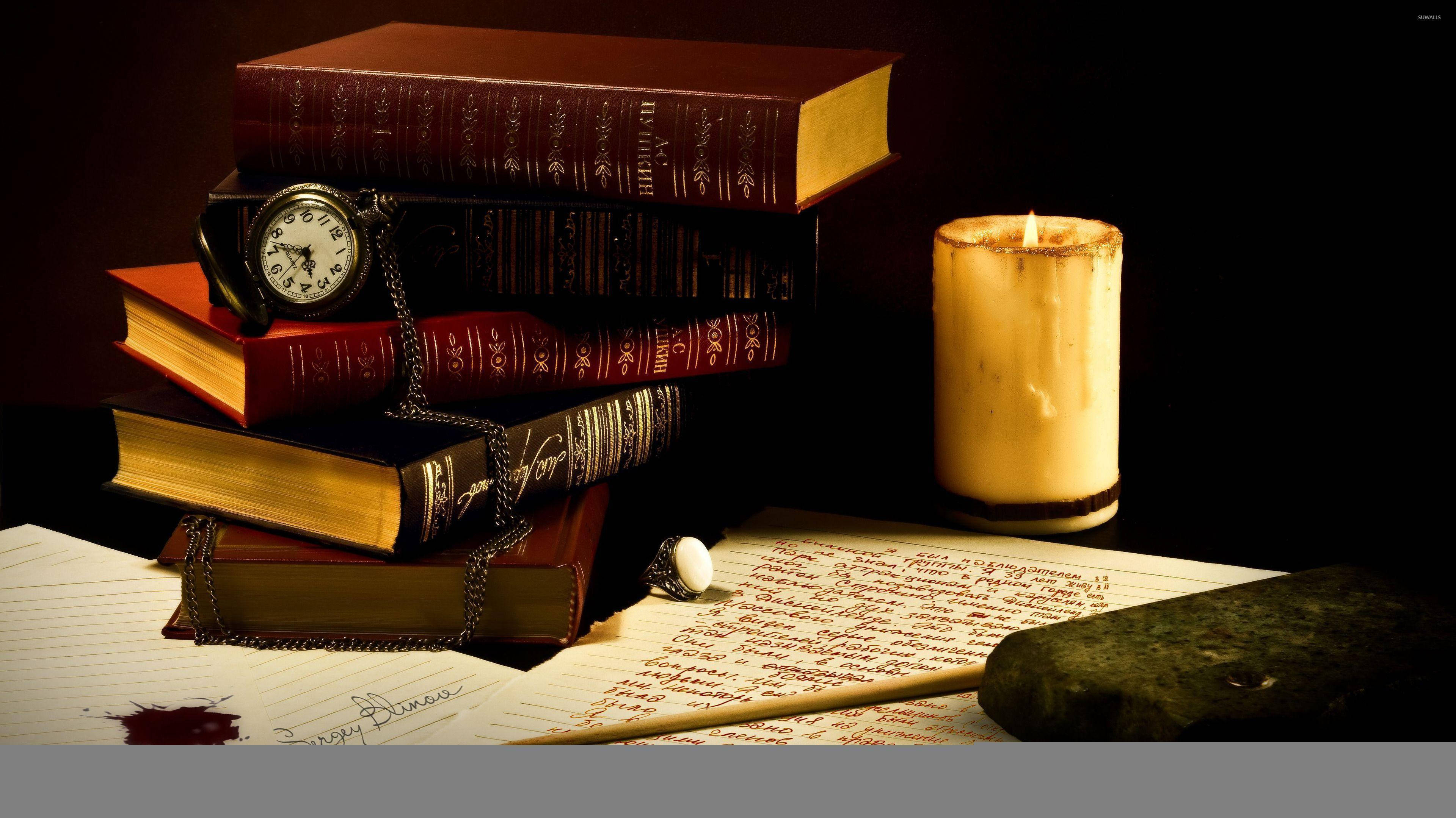 Cool Vintage, candlelit still life, vintage books, 4K Desktop Wallpaper