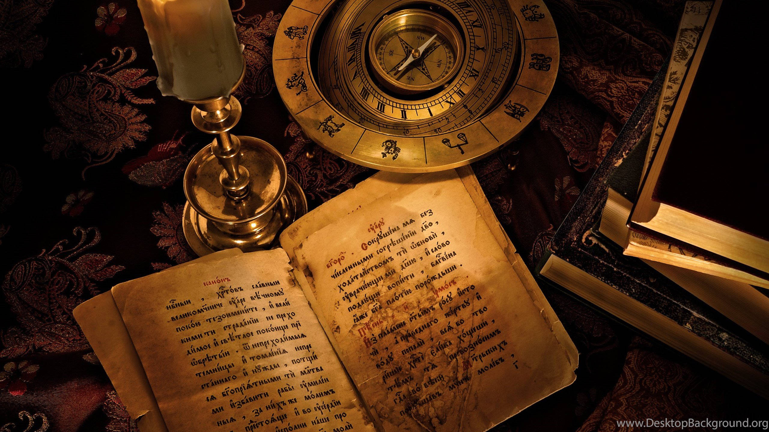 antique brass astrolabe, candle glow, ancient book, 2K Desktop Wallpaper
