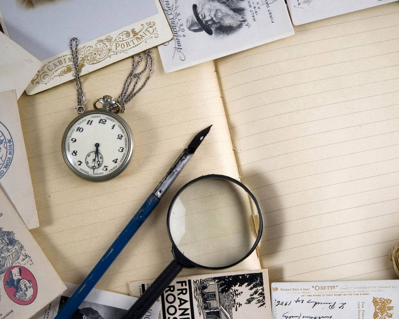 Vintage pocket watch, fountain pen, magnifying glass, HD Desktop Wallpaper