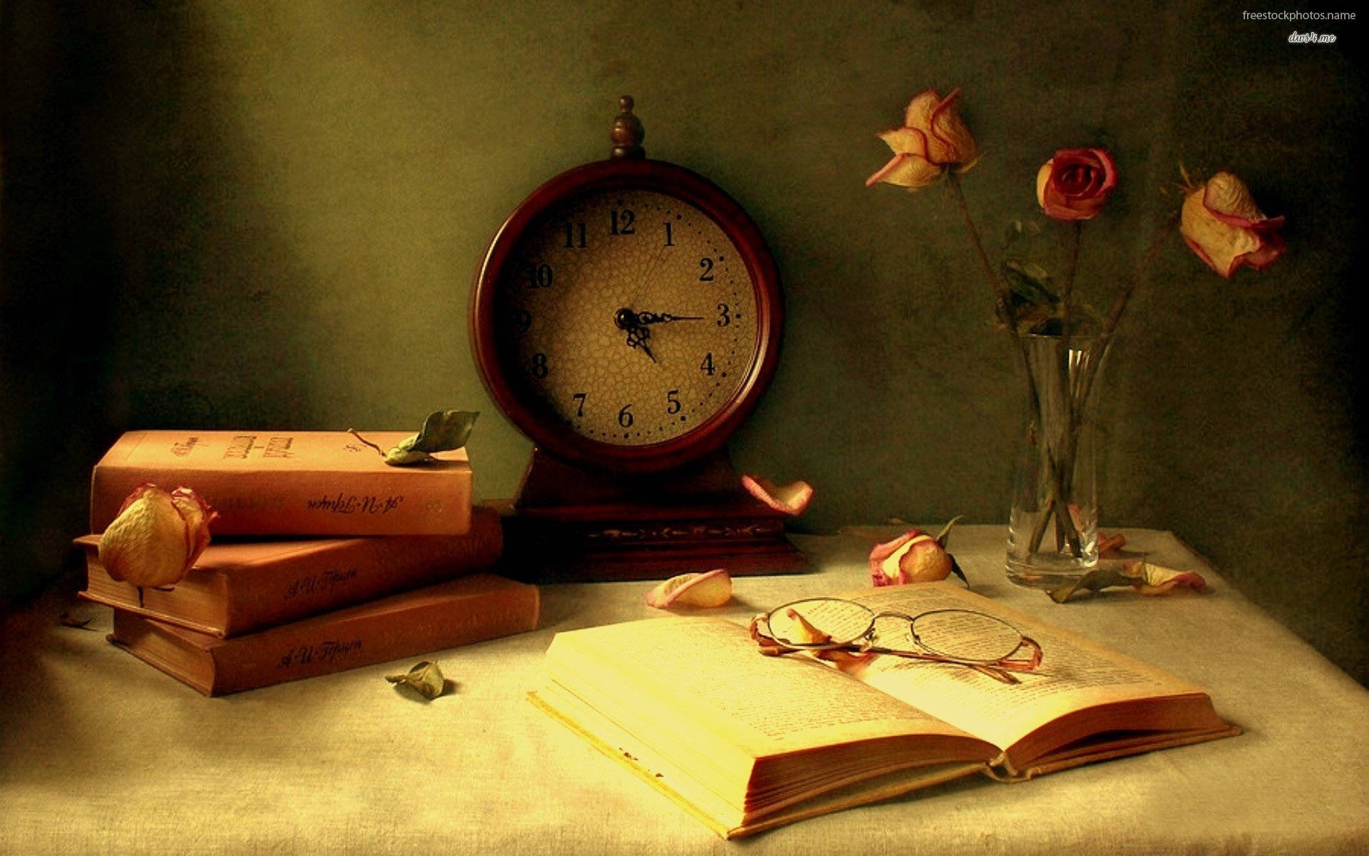 wooden clock, vintage books, wilting roses, Full HD Desktop Wallpaper