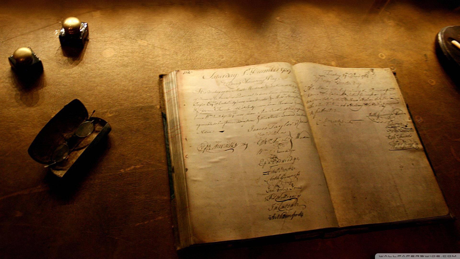 antique handwritten ledger, wooden table, warm dim light, Full HD Desktop Wallpaper