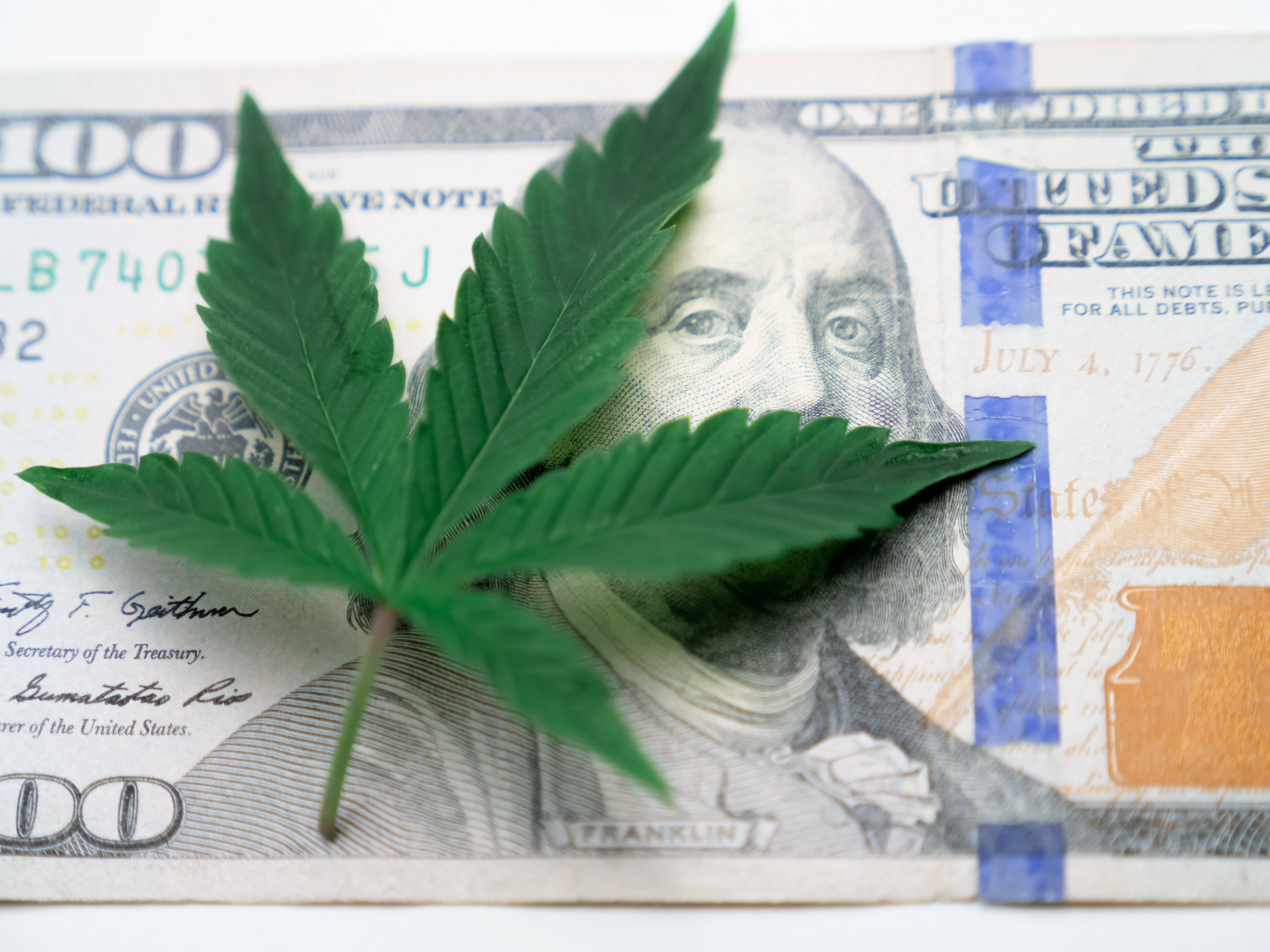 Cool Weed 100 USD, vibrant green cannabis leaf, crisp one hundred dollar bill, 5K Desktop Wallpaper