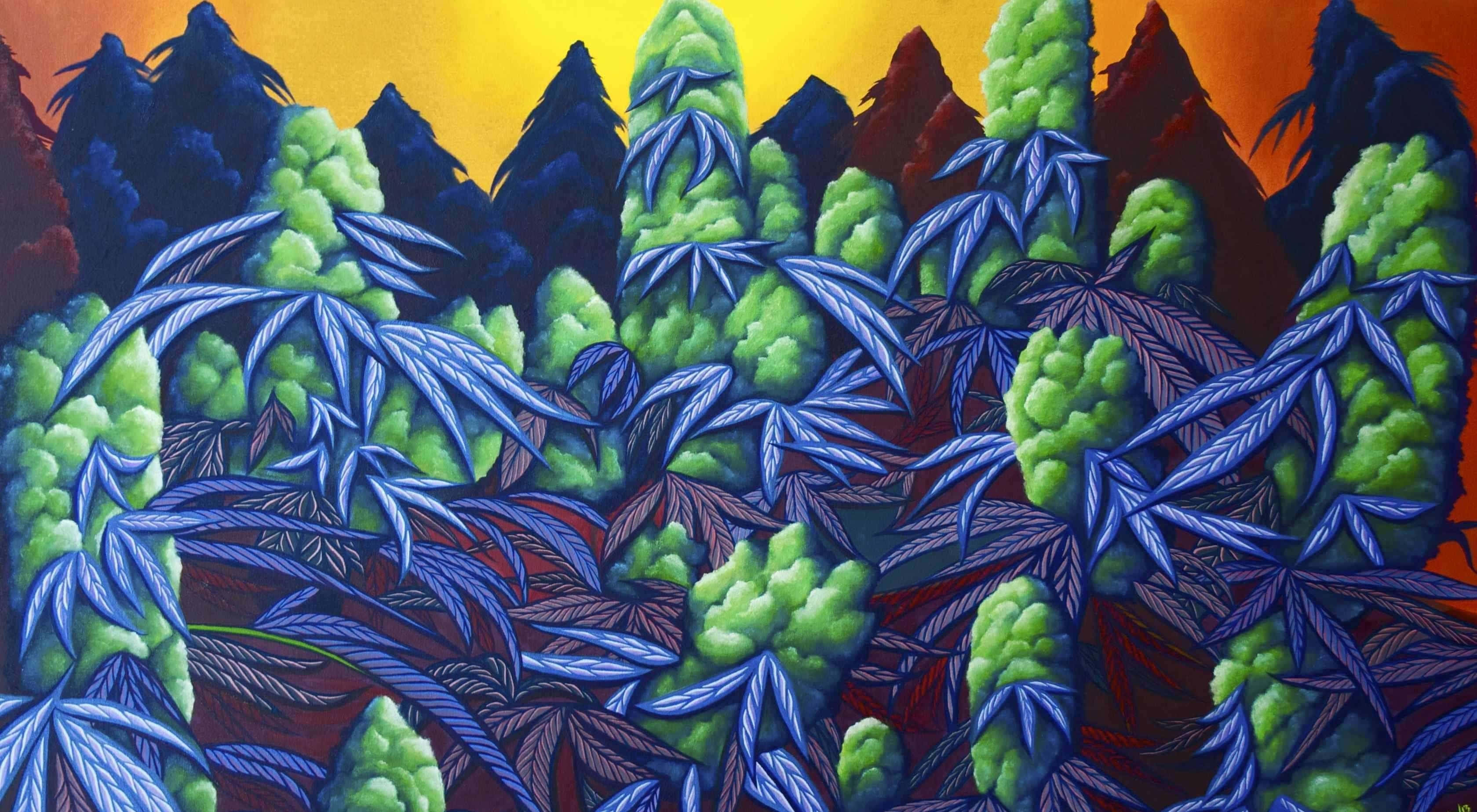 Psychedelic Weed Art, cannabis plants, blue leaves, 2K Desktop Wallpaper