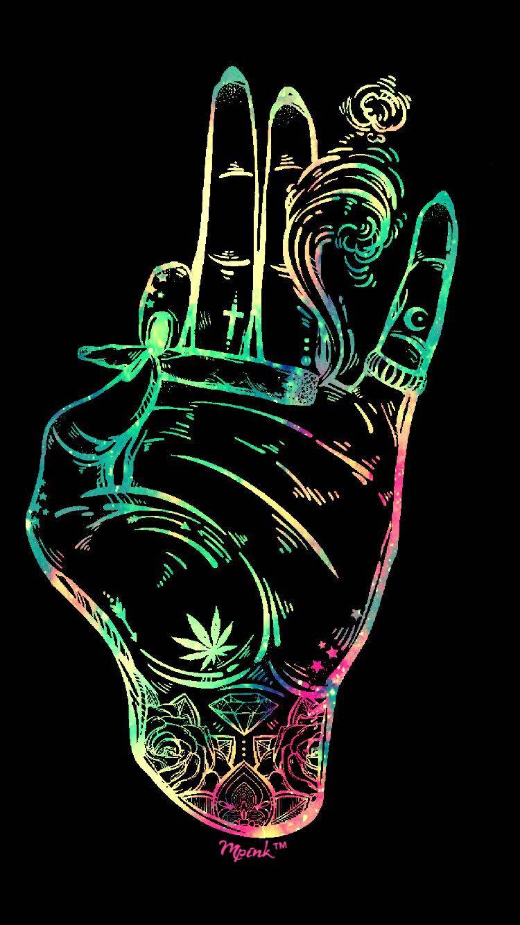 neon-colored hand, cannabis leaf, diamond motifs, HD Phone Wallpaper