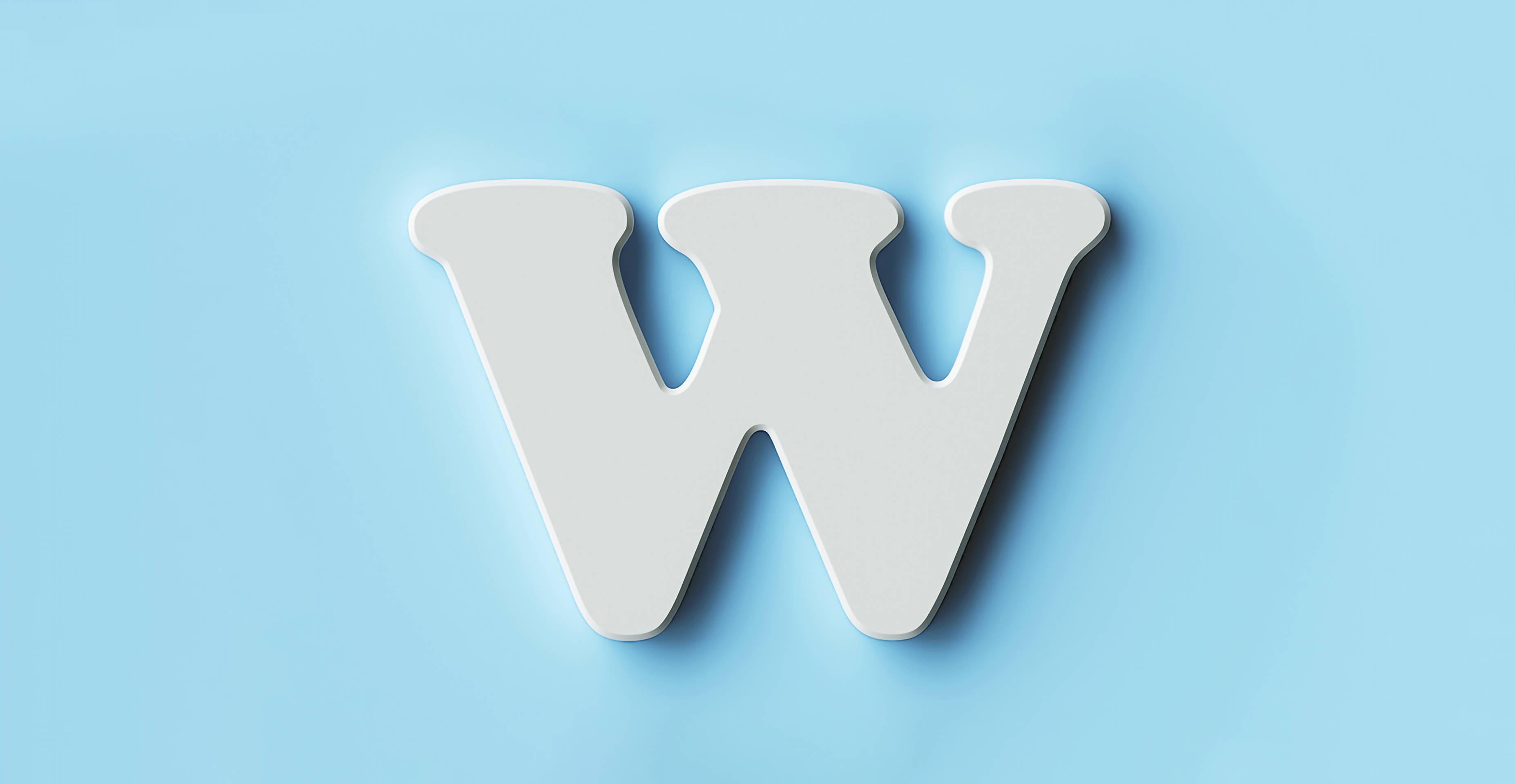 White Bold Letter W, 3D letter W, light blue background, 2K Desktop Wallpaper
