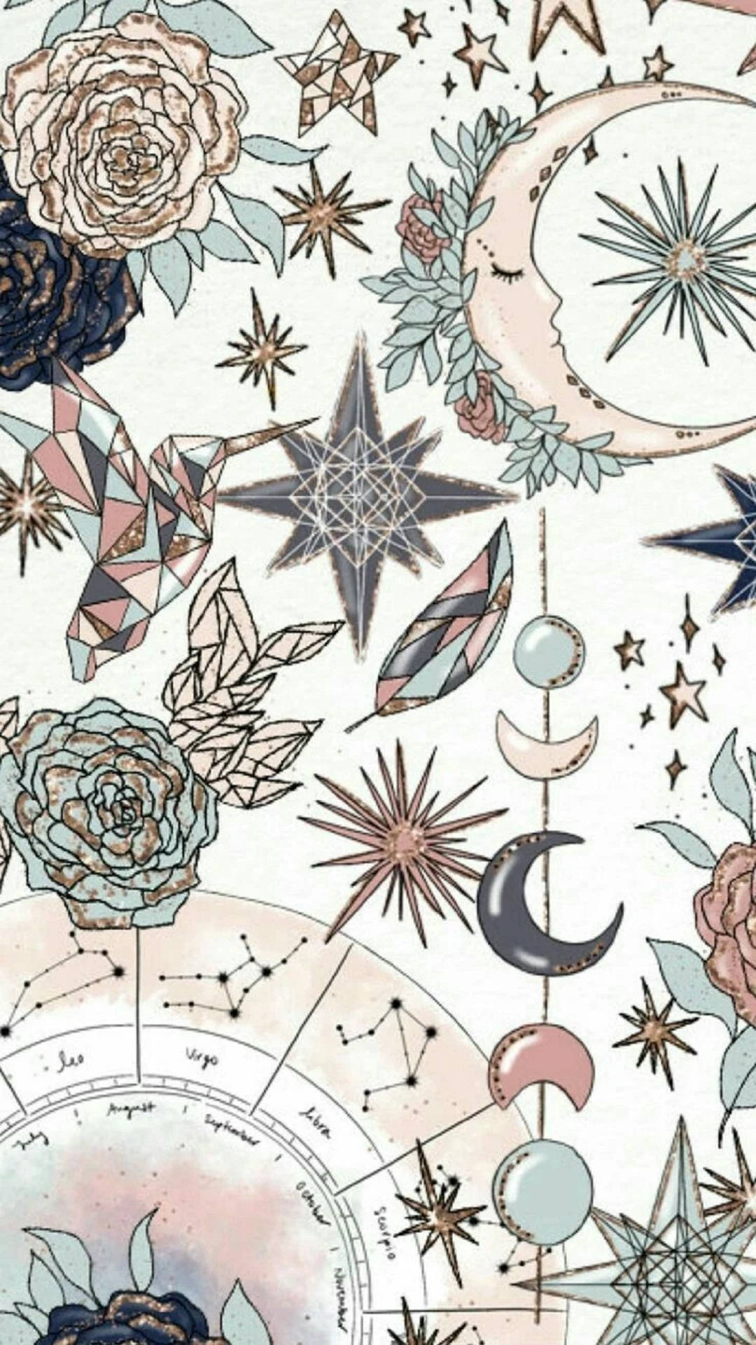 crescent moons, stars, geometric birds, Full HD Phone Wallpaper