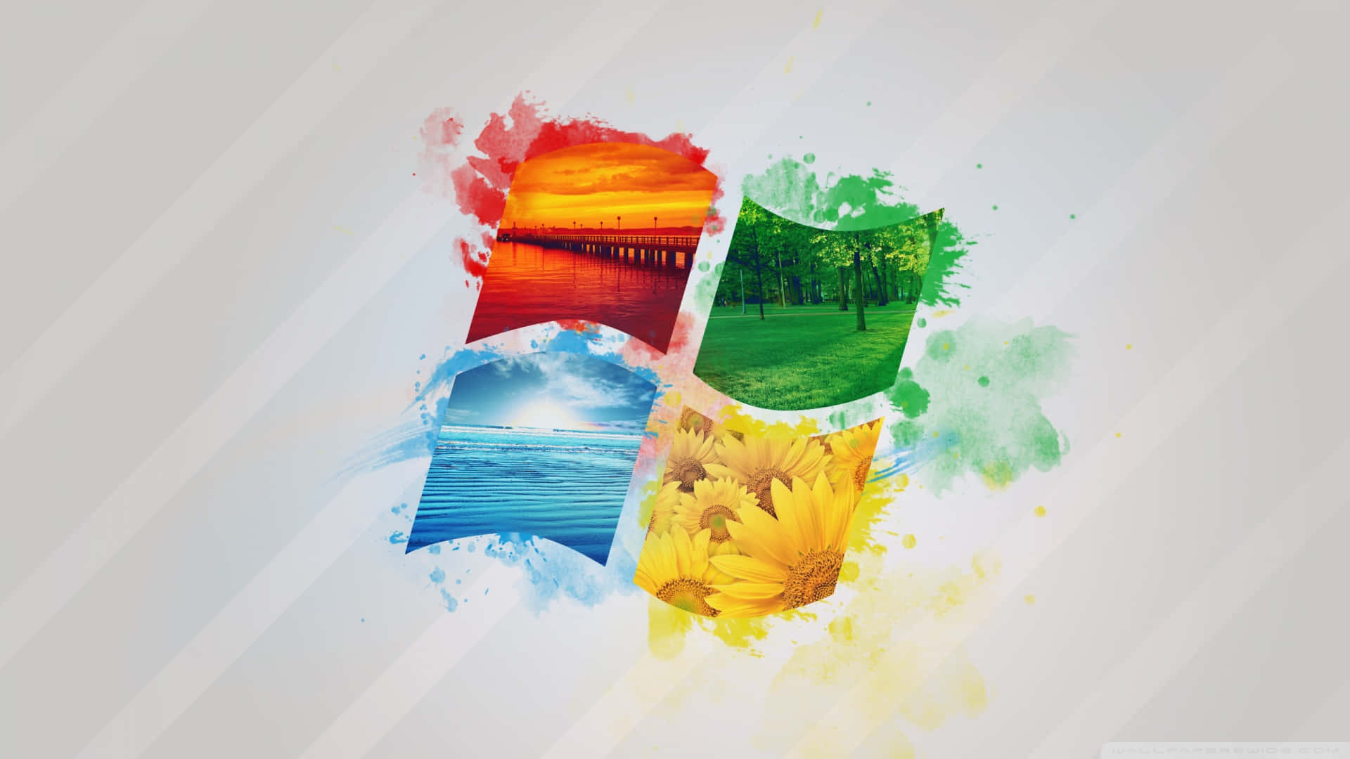 Windows logo, watercolor splashes, sunset pier, Full HD Desktop Wallpaper
