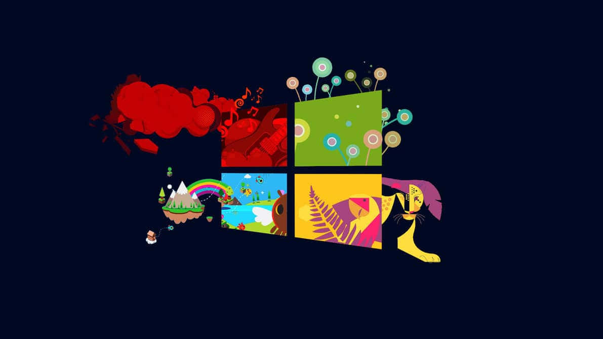 Windows logo, four colorful panels, playful cartoon scenes, SD Desktop Wallpaper