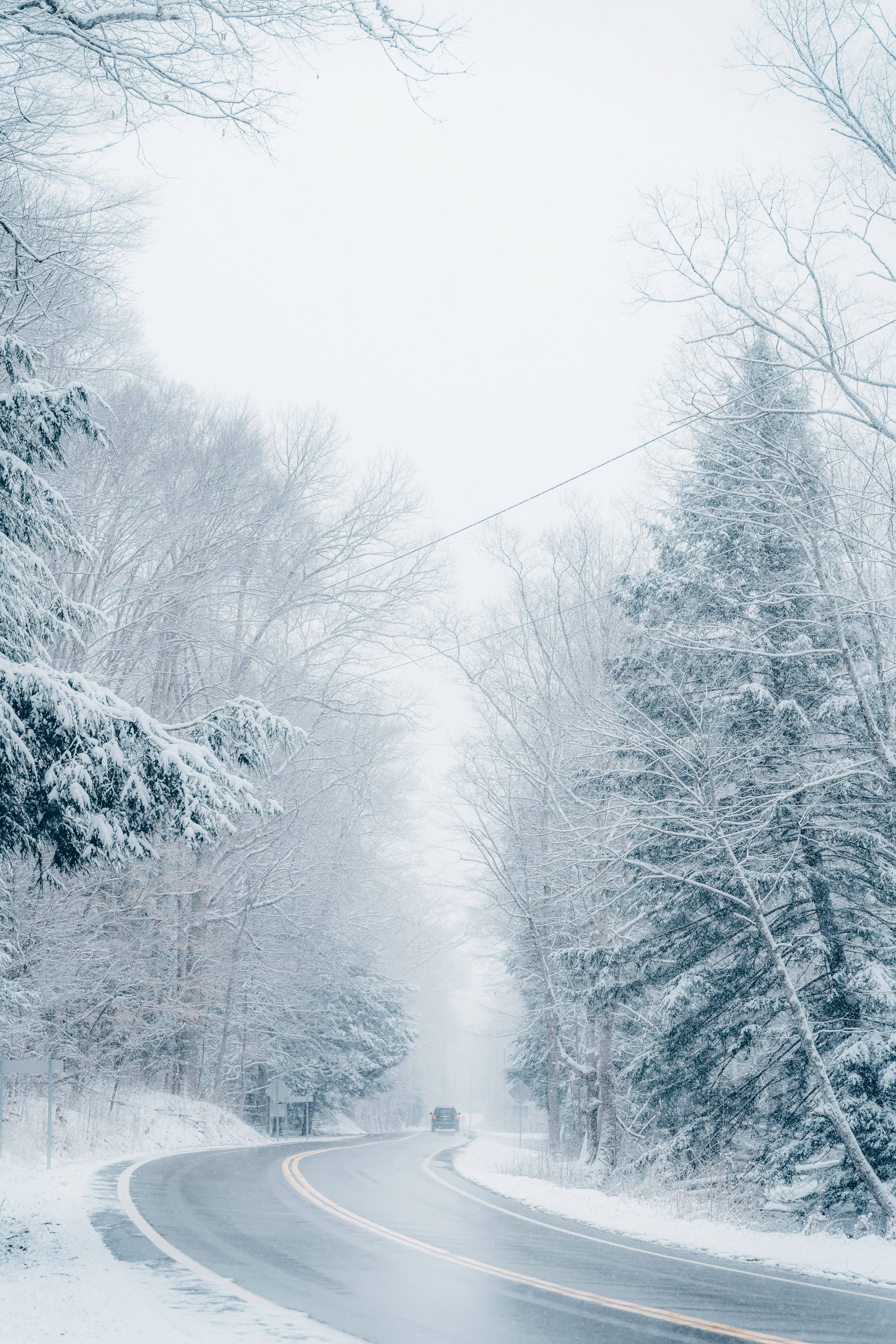 snow covered road, winding snowy road, snow-covered trees, 5K Phone Wallpaper