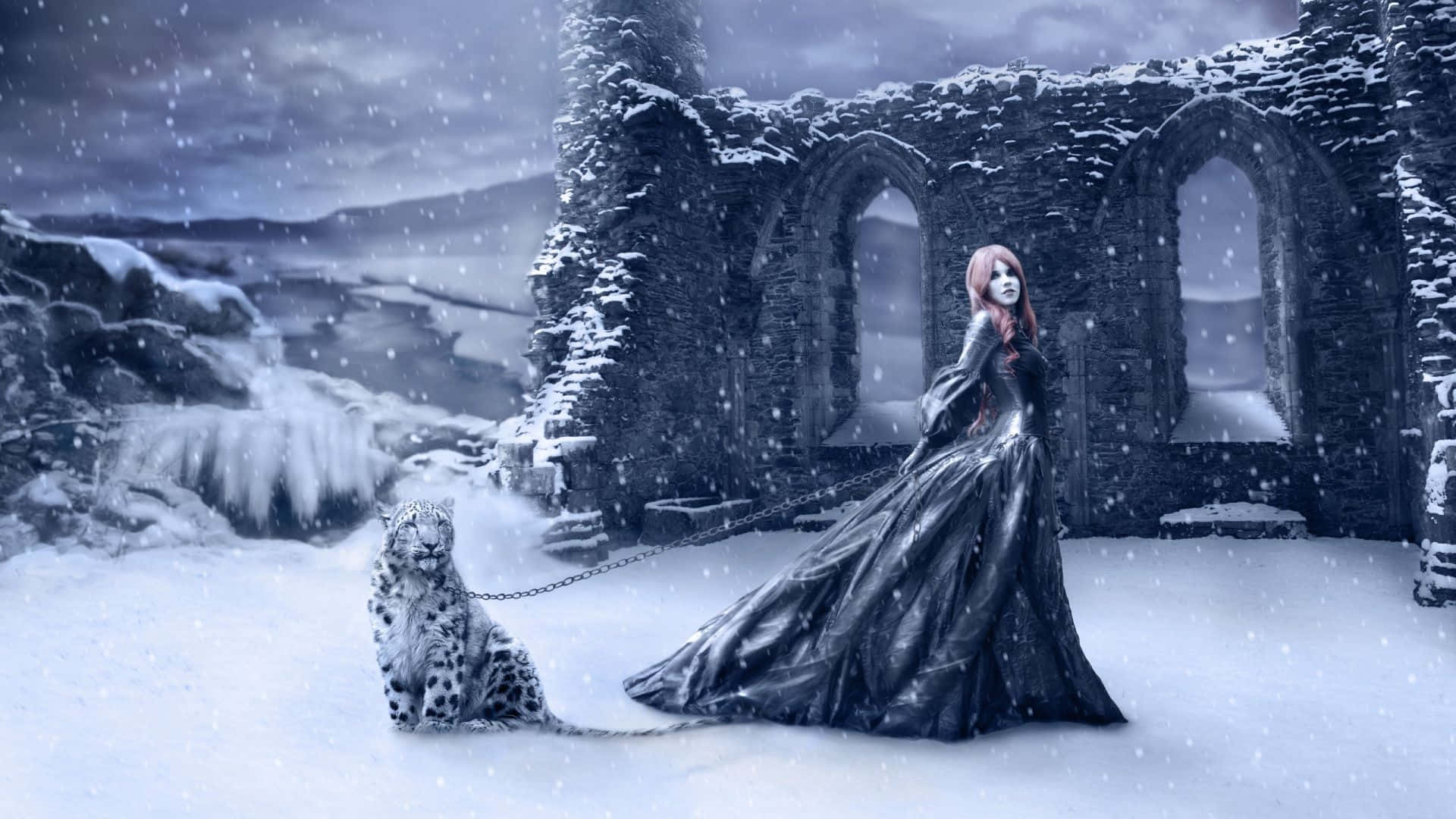 snow leopard, snowy ruins, stormy sky, Full HD Desktop Wallpaper