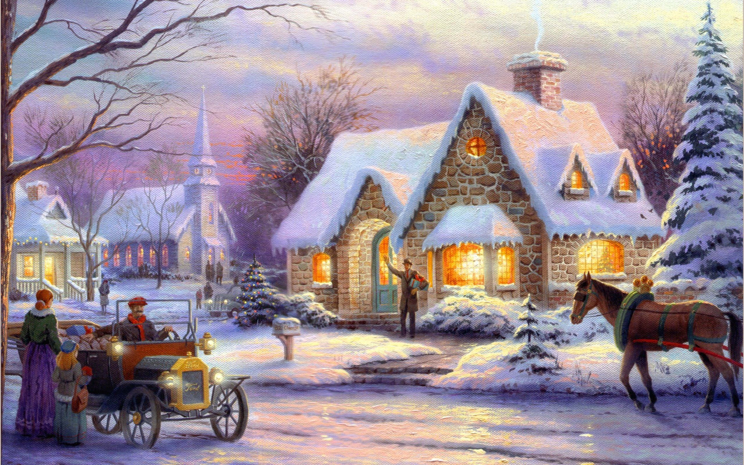 snow-covered stone cottage, dusk, horse-drawn carriage, 2K Desktop Wallpaper