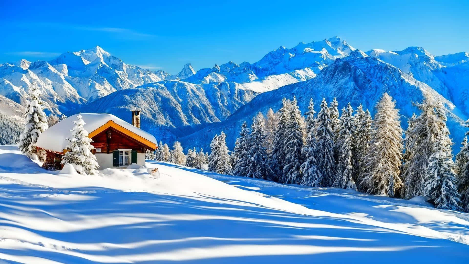 wooden cabin, snow-covered mountains, clear blue sky, Full HD Desktop Wallpaper