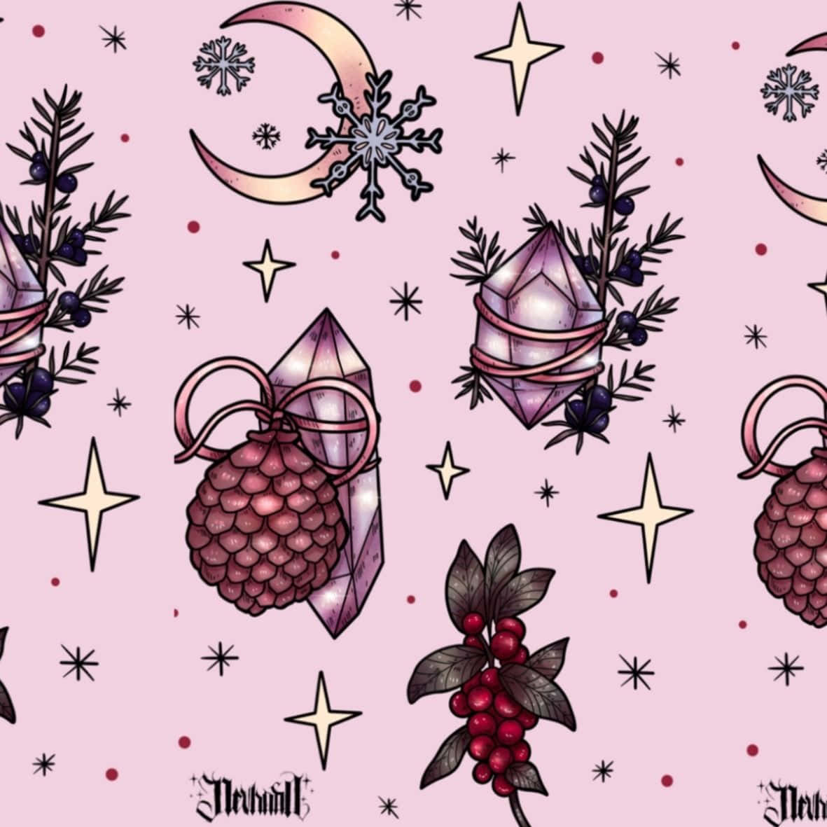 pink wallpaper pattern, pinecones, crystals, SD Desktop Wallpaper