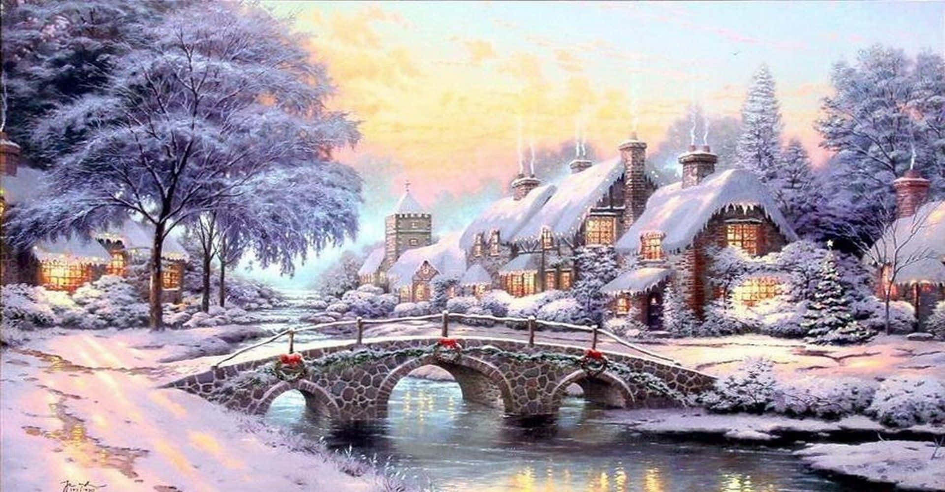 snowy forest, quaint village, glowing windows, Full HD Desktop Wallpaper