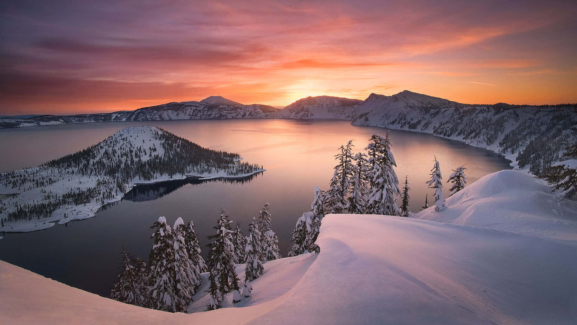 Winter Sun, snow-covered volcanic lake, sunset, Full HD Desktop Wallpaper