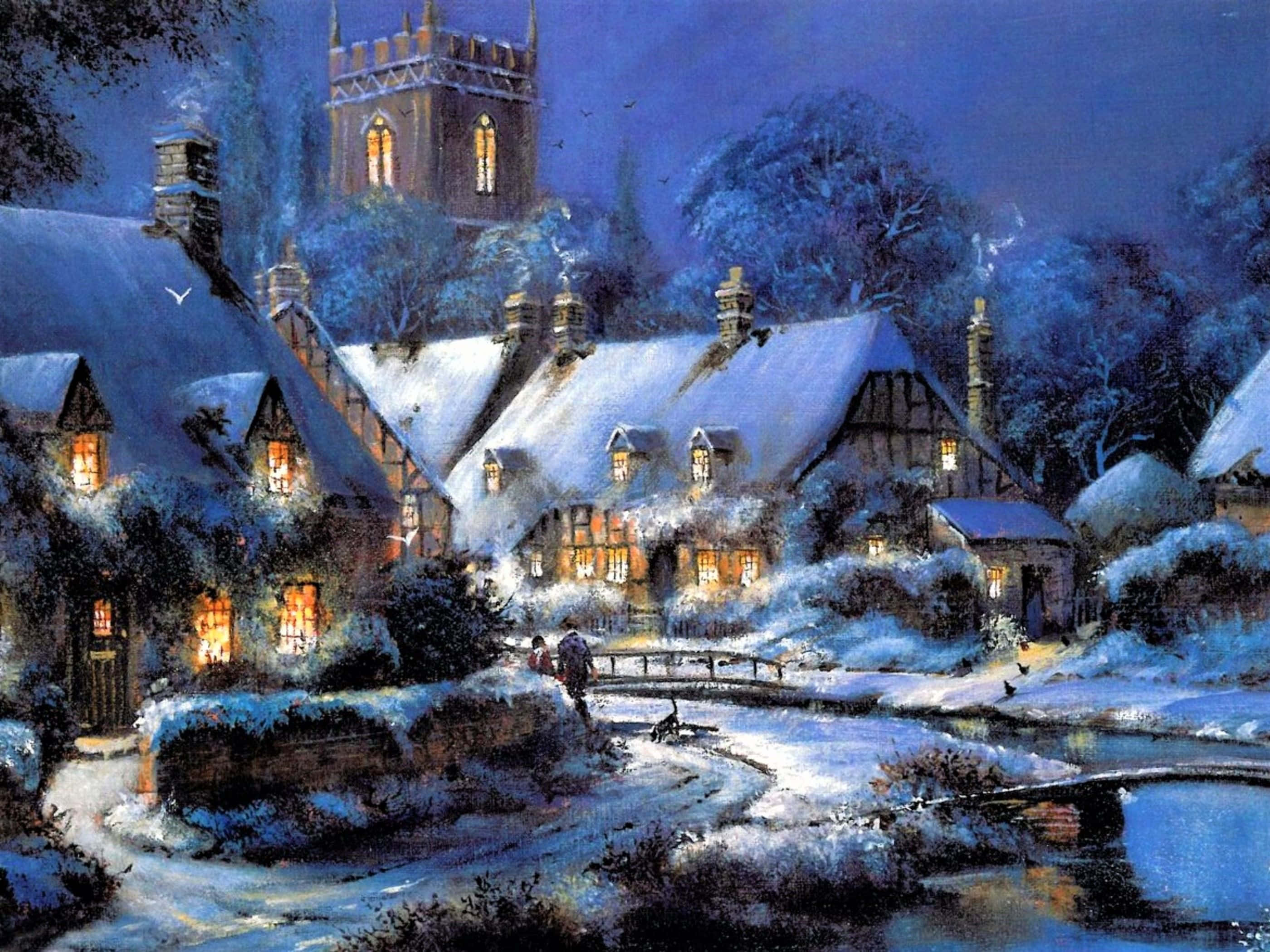 snow-covered village, night, warm lights, 2K Desktop Wallpaper