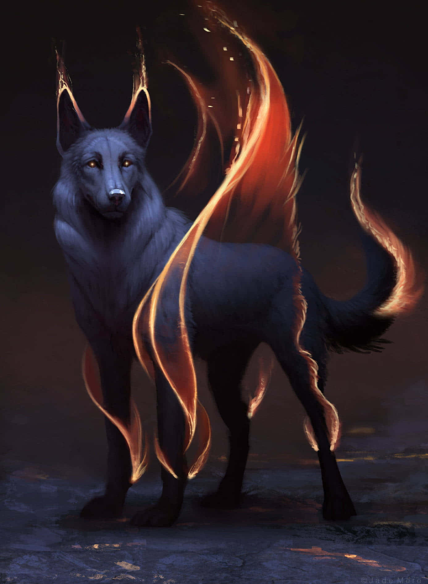 wolf, glowing amber eyes, fiery orange energy, HD Phone Wallpaper