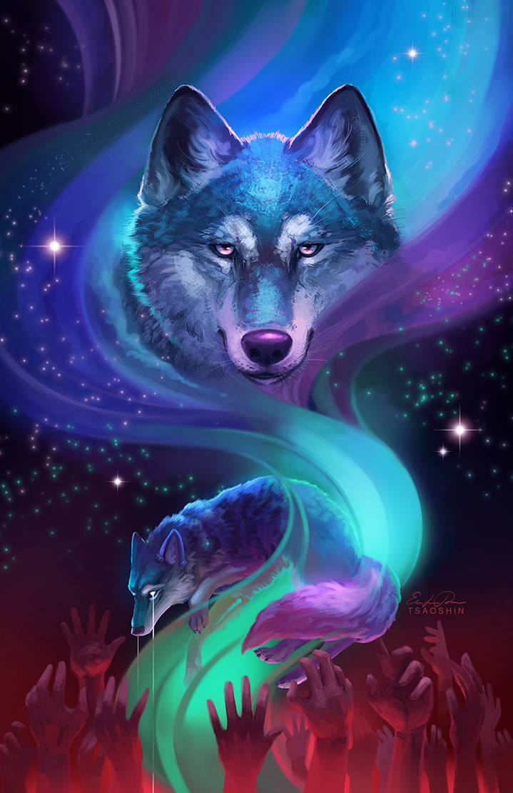 glowing blue wolf, swirling cosmic starfield, neon energy trails, SD Phone Wallpaper