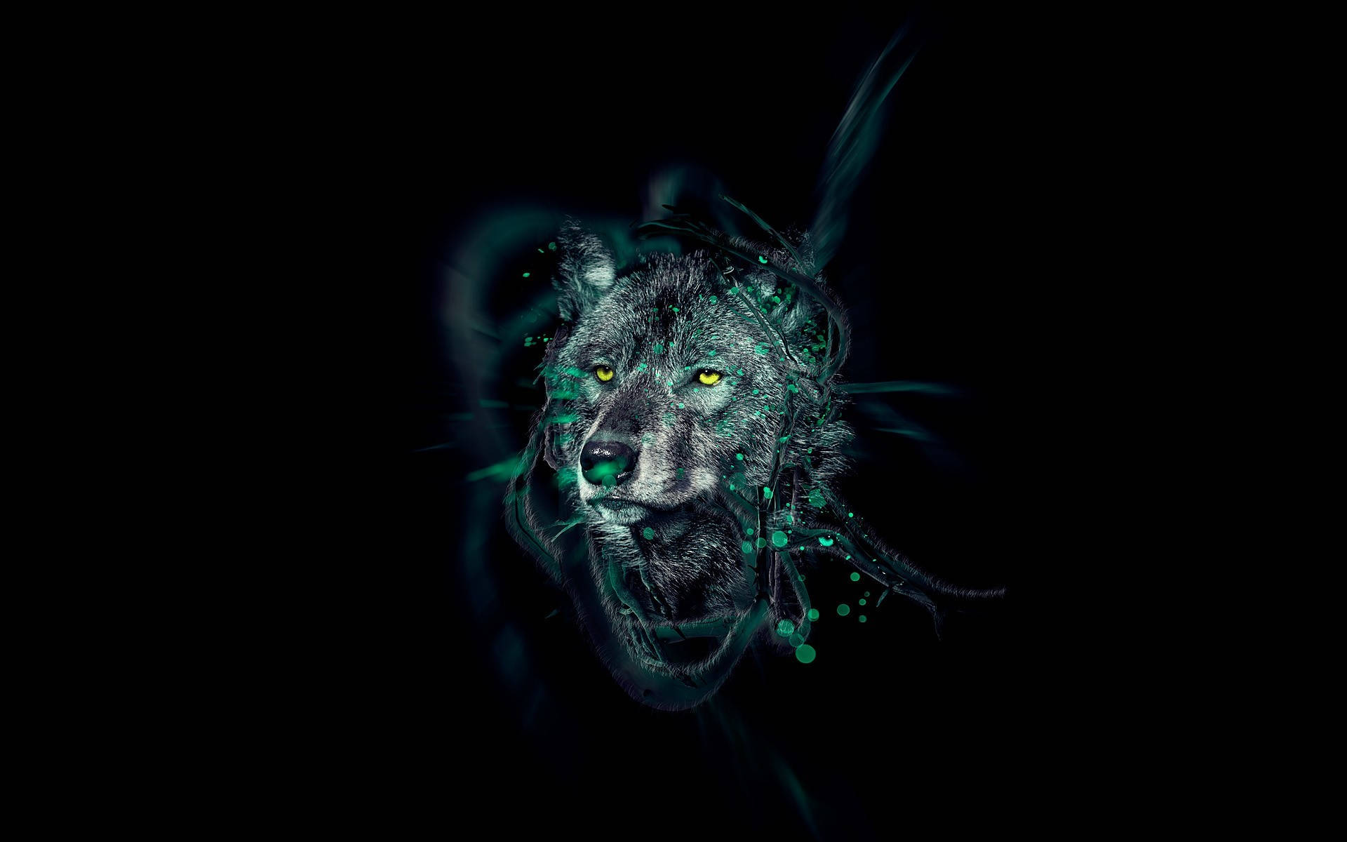 Cool Wolf, yellow eyes, electric green particles, Full HD Desktop Wallpaper