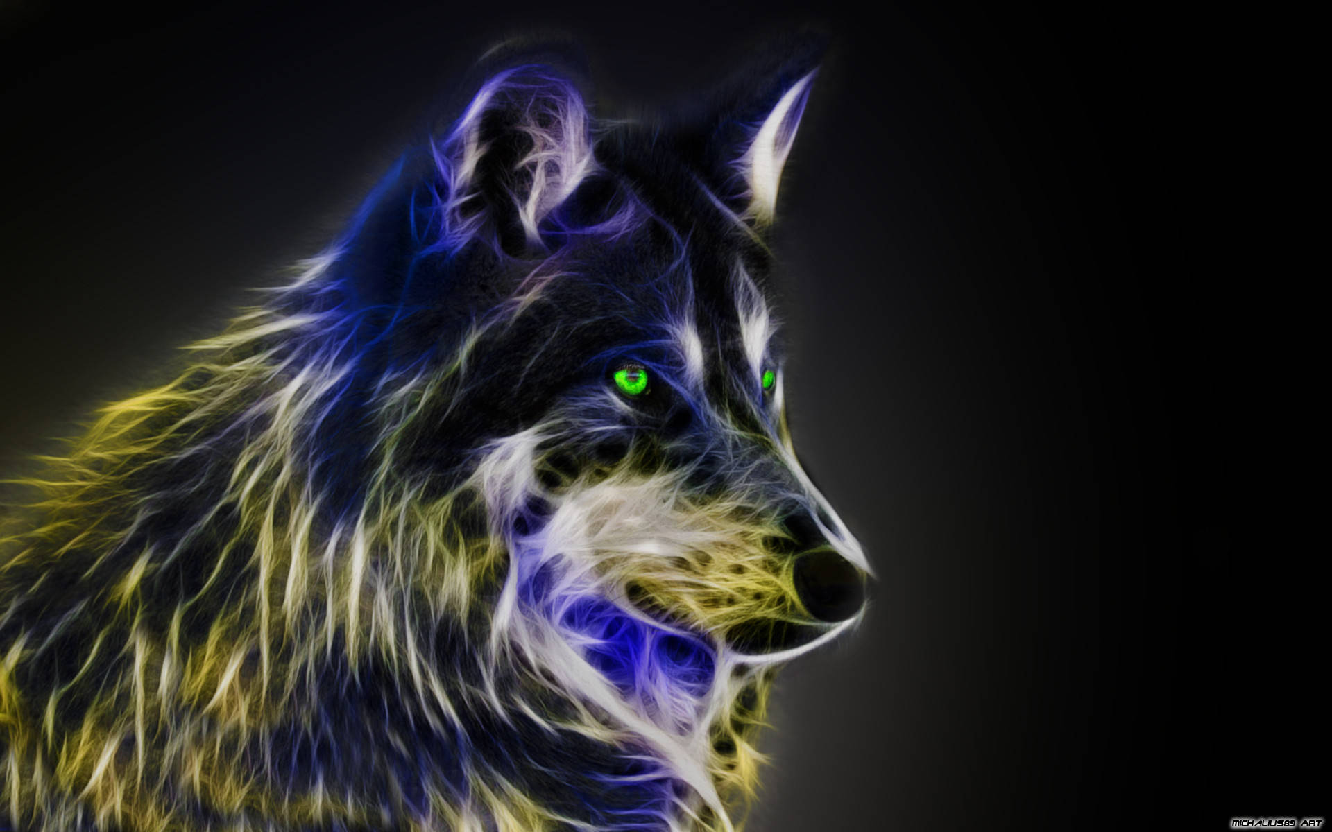 Cool Wolf, glowing green eyes, electric blue yellow fur, Full HD Desktop Wallpaper