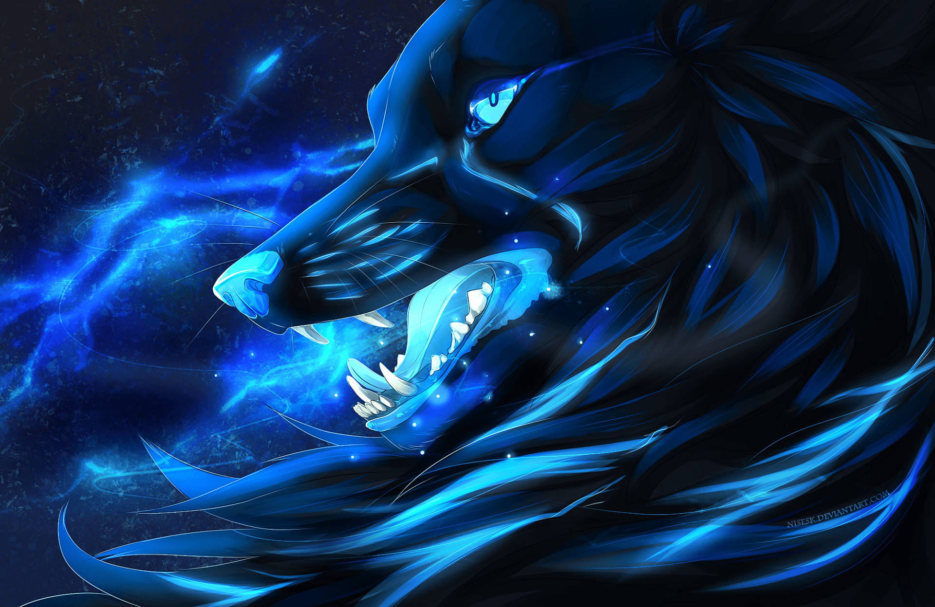 Cool Neon Galaxy Wolf, blue wolf, glowing eyes, Full HD Desktop Wallpaper